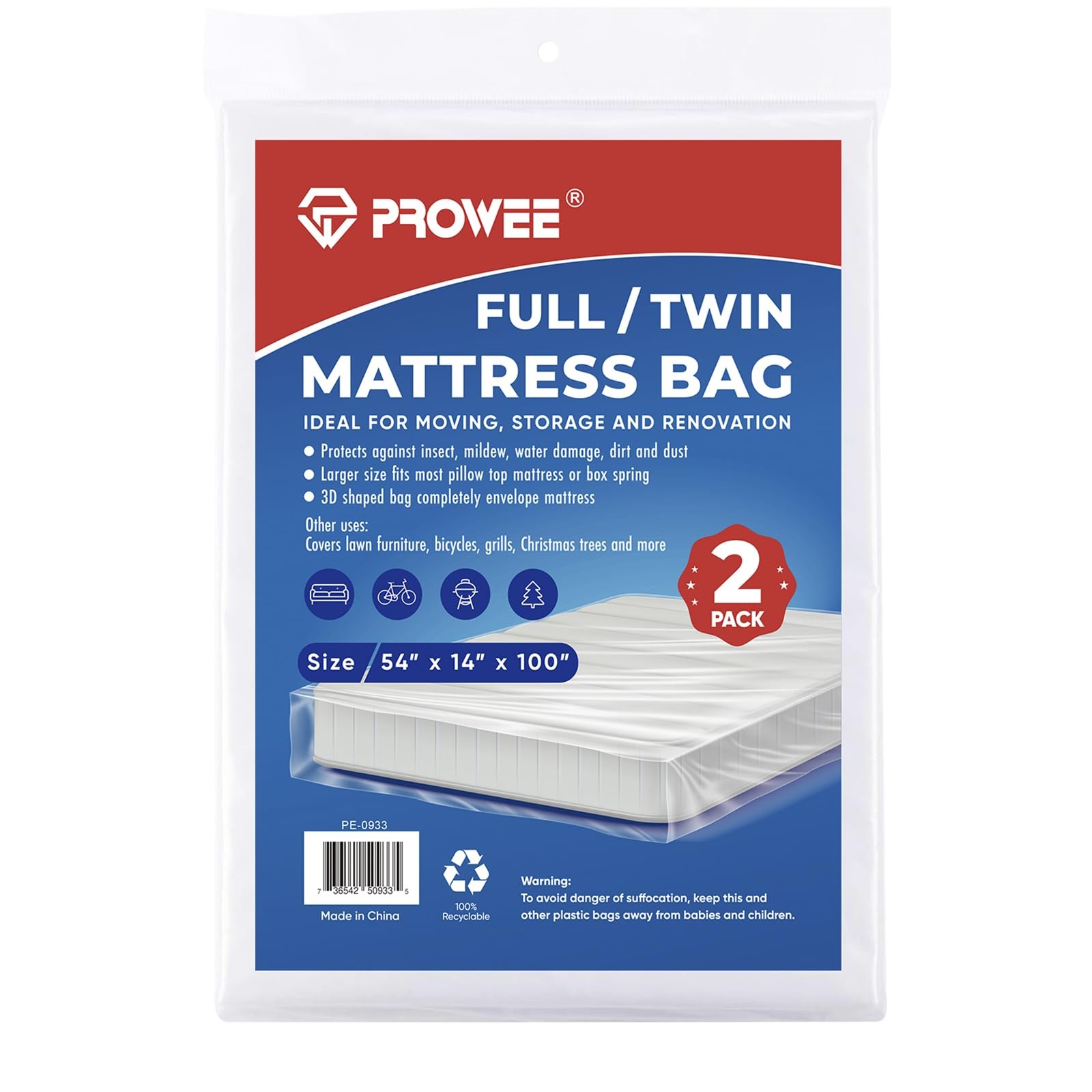 PROWEE 2 PK Twin/Full Mattress Bags for Moving Full/Twin XL,2 Pack, Clear