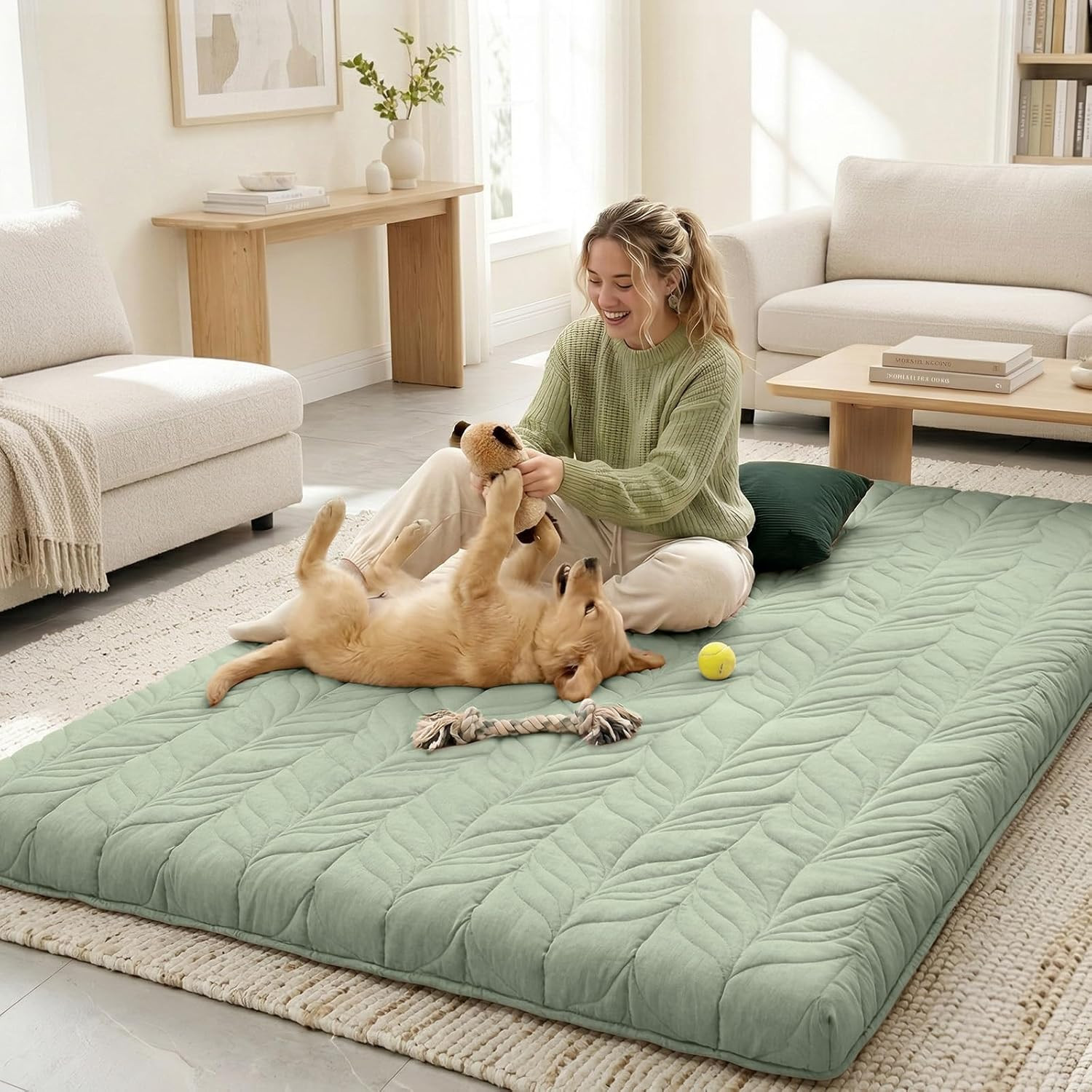 King Size Japanese Futon Mattress, 4″ Thick, Portable & Washable, Green