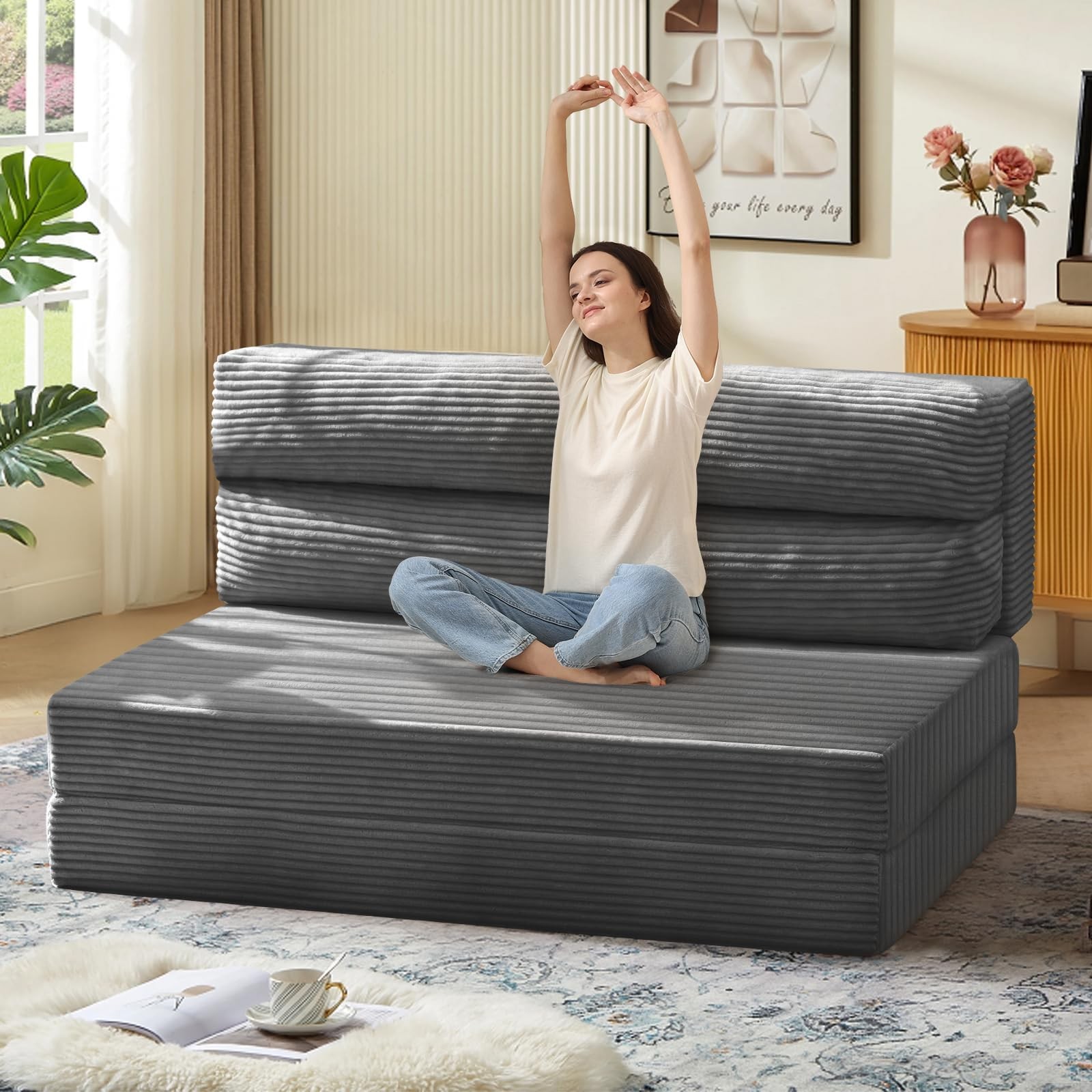 JUIKURY Folding Sofa Bed, Convertible Sleeper Chair with Pilow Full, Grey