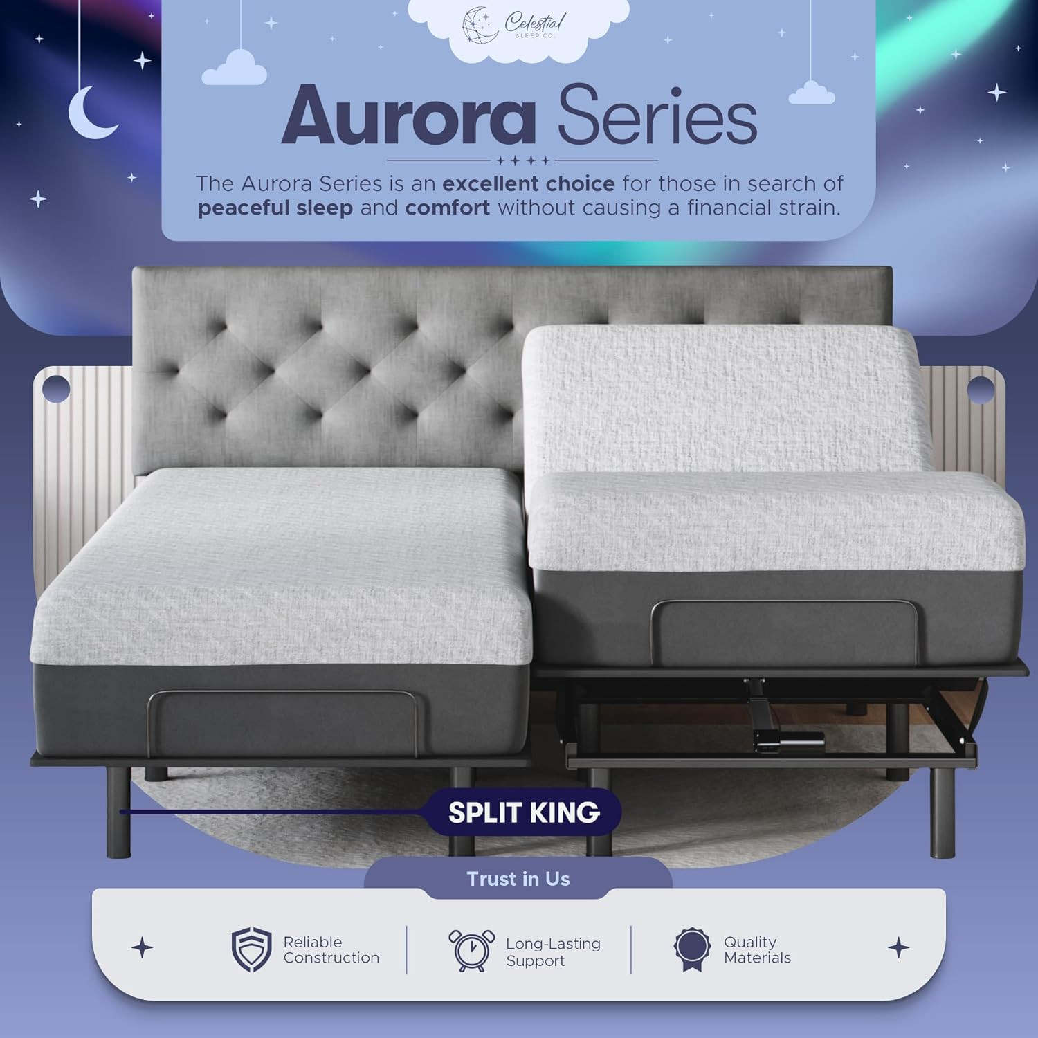Celestial Aurora Split King Adjustable Bed + 12″ Gel Memory Foam Mattress