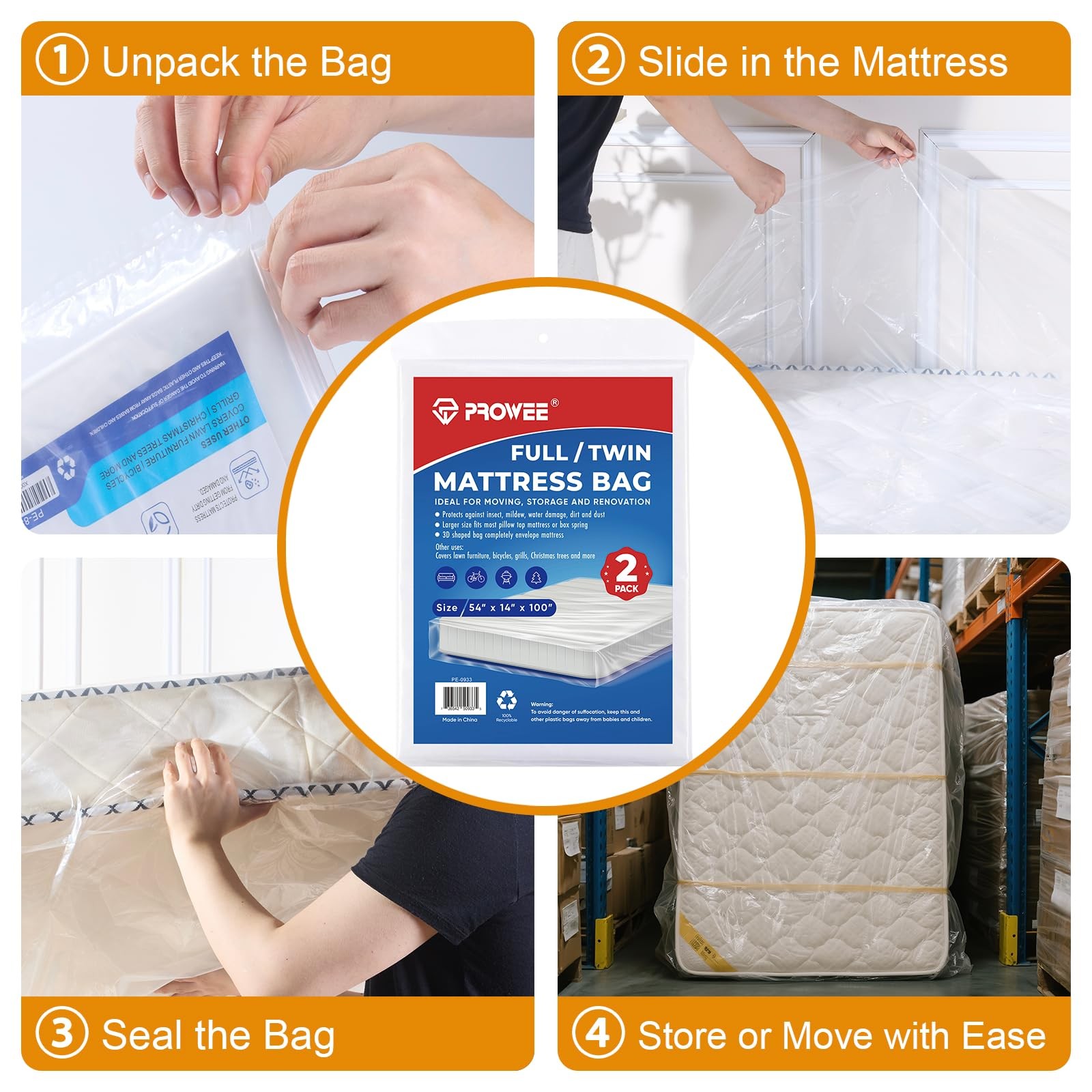PROWEE 2 PK Twin/Full Mattress Bags for Moving Full/Twin XL,2 Pack, Clear