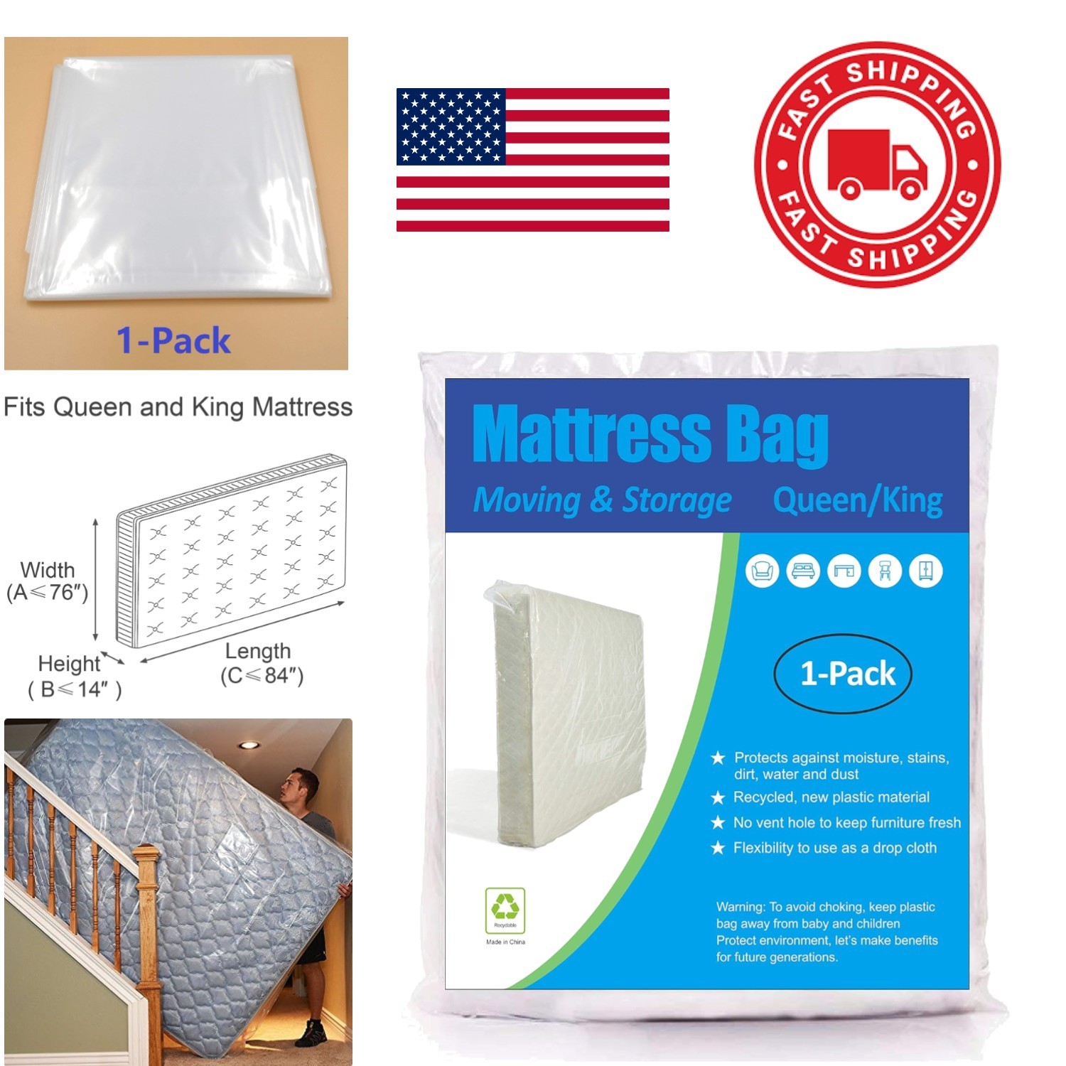 Lightweight Mattress Storage Bag 1 Pack Clear Polyethylene Fits Queen King Size