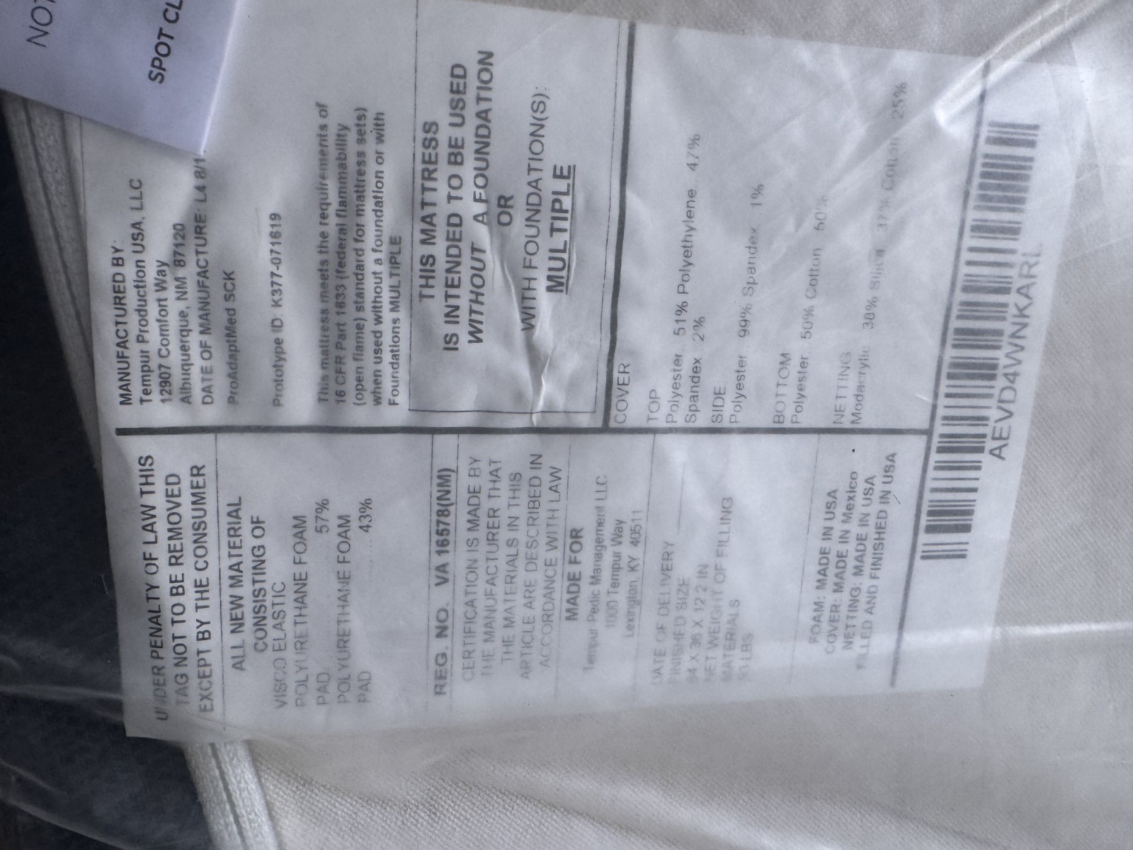 Tempur-pedic mattress Pro Adapt Medium Contour Twin XL/ Split CK ex-display.