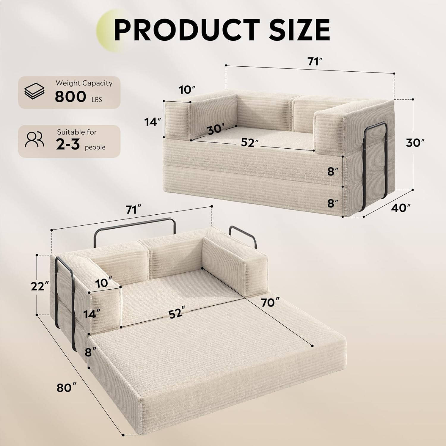 71” Futon Sofa Bed, Convertible Sleeper Sofa, Folding Pull Out