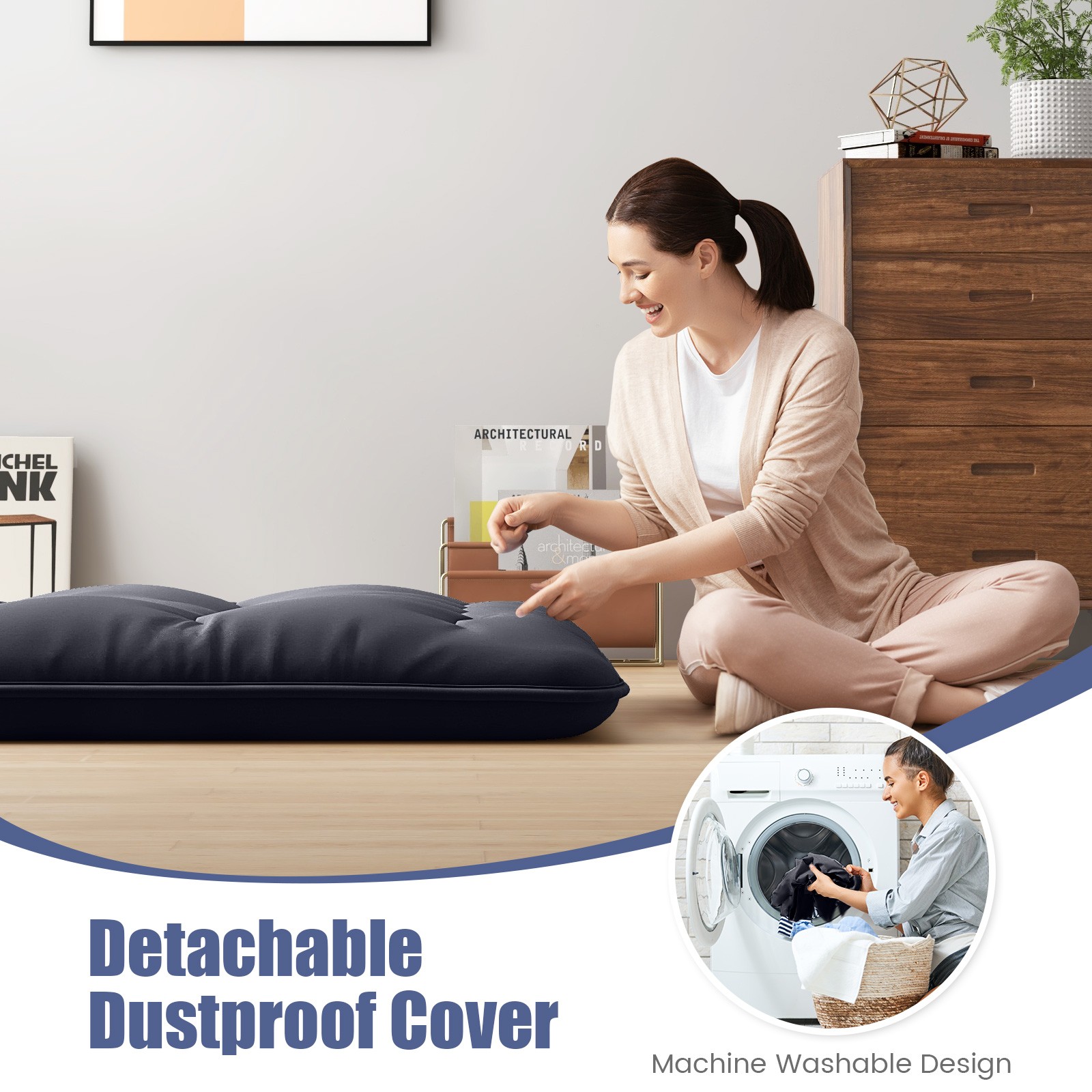 Full Futon Mattress Japanese Floor Pad Washable Cover Carry Bag Black
