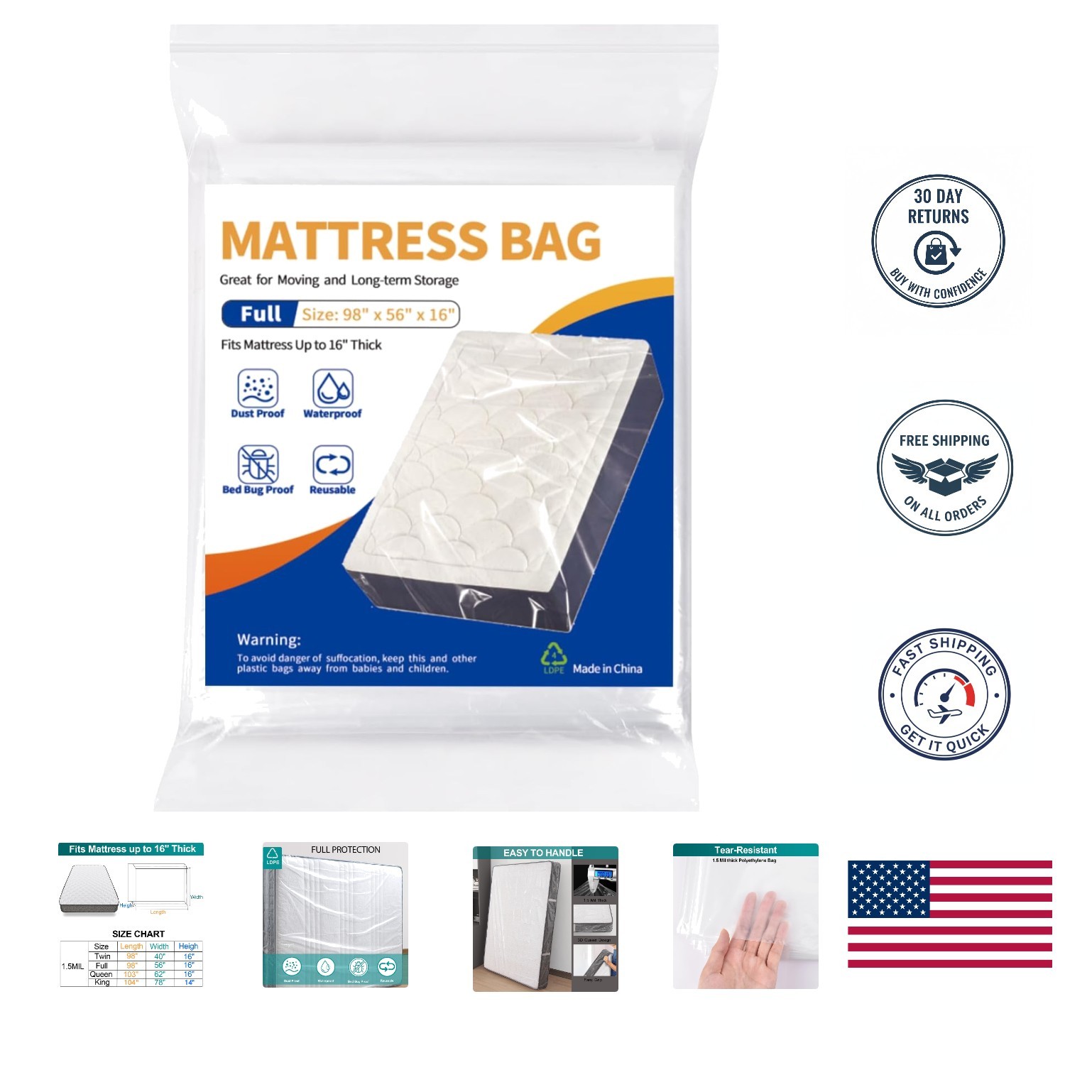 Clear Waterproof Mattress Protector Cover – Heavy-Duty Moving Bag (Full)