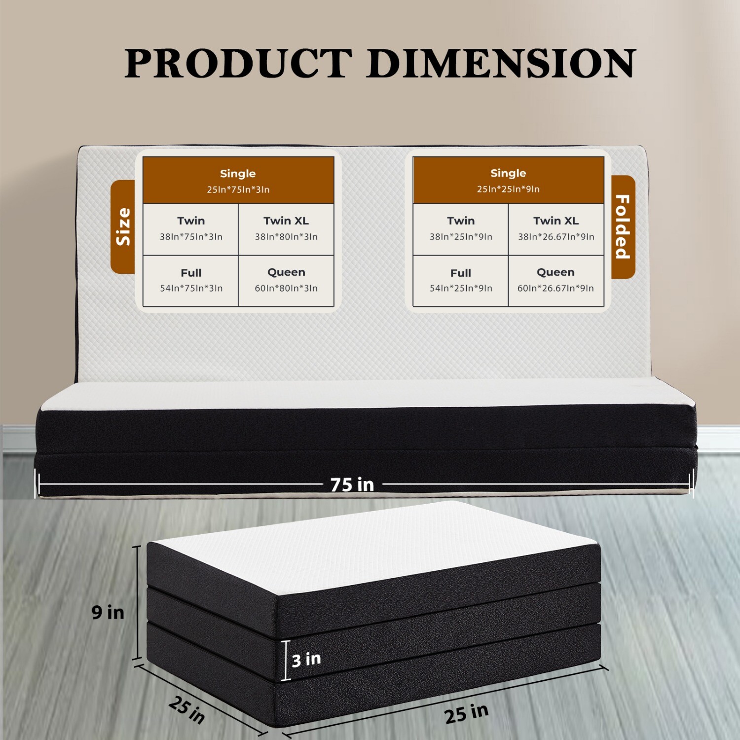 3″ Tri-fold Memory Foam Mattress w/ Washable Cover, Foldable&Portable Floor Bed