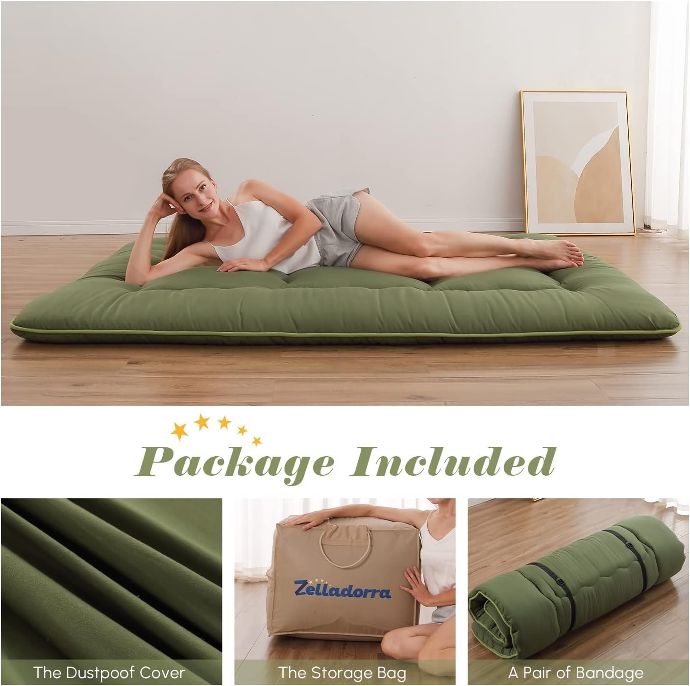 Zelladorra Green Twin Japanese Futon Mattress – Portable and Foldable Comfort