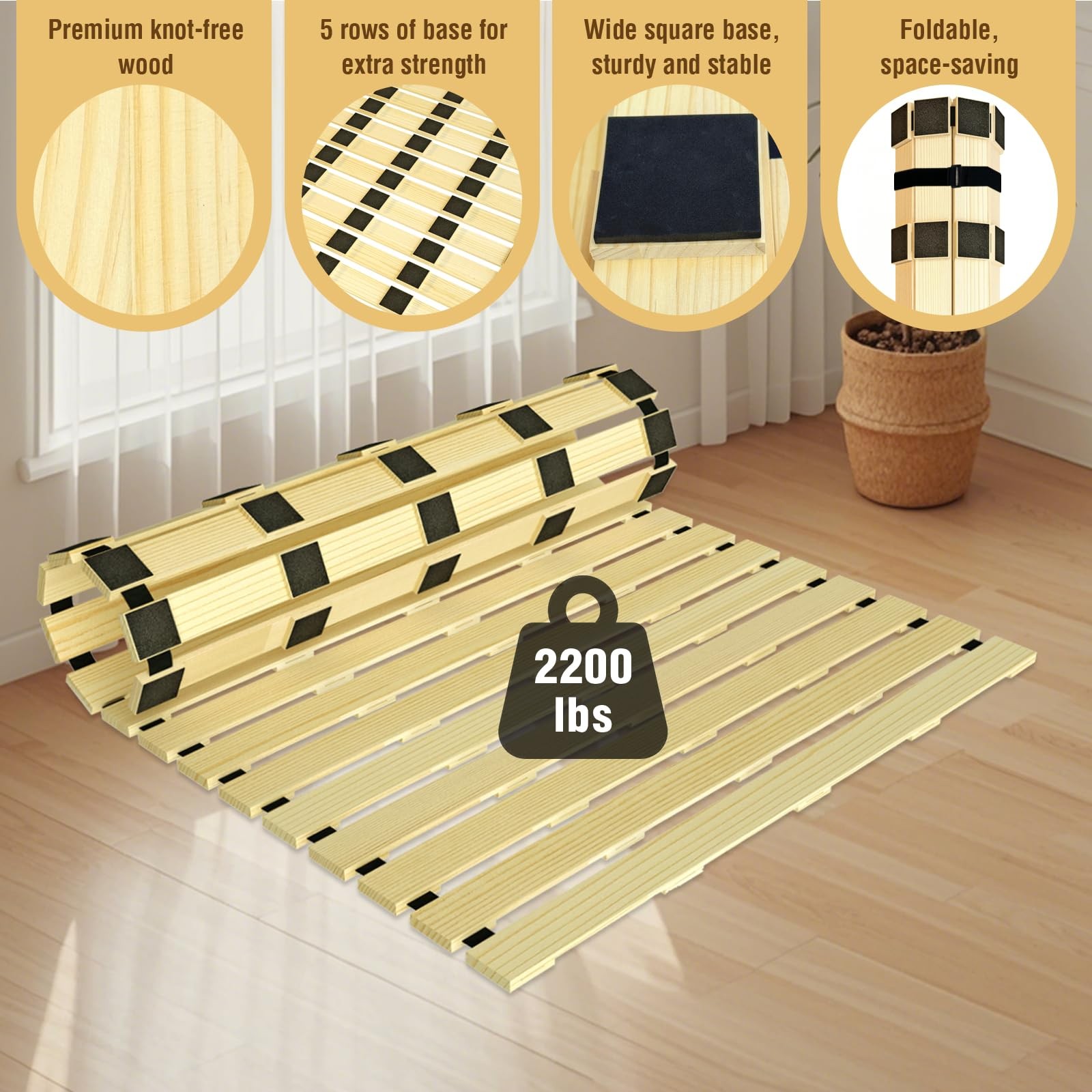 Japanese Tatami Mat Floor Bed, Knotless Solid Wood, Roll-Up Slatted Bed Plate…