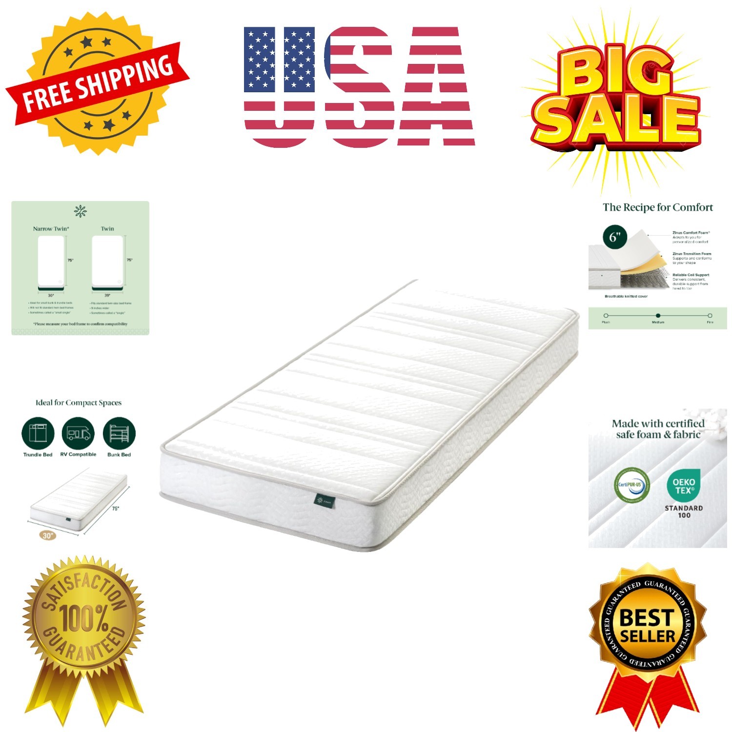 Narrow Twin Mattress 30” Wide x 75” Long, 6 Inch Foam & Spring Hybrid Mattres…
