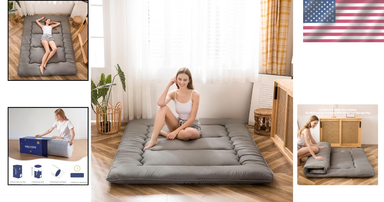 Charcoal Grey Japanese Floor Futon Mattress, Twin Size, Foldable and Comfortable
