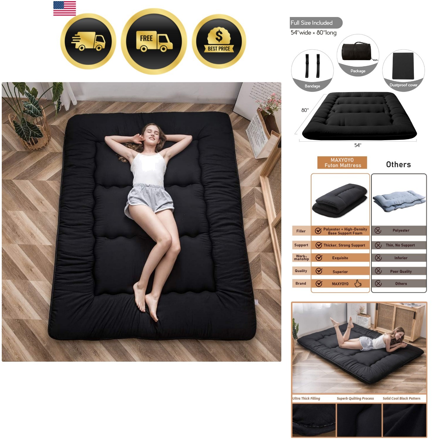 Japanese Floor Mattress Futon Mattress, 4″ Thicken Tatami Mat Sleeping Pad Fo…