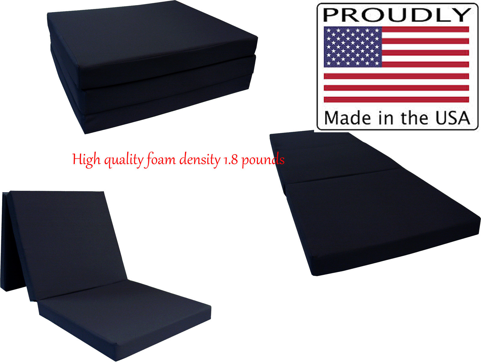 Black Shikibuton Trifold Foam Bed 3x27x75, High Foam Density 1.8 lbs