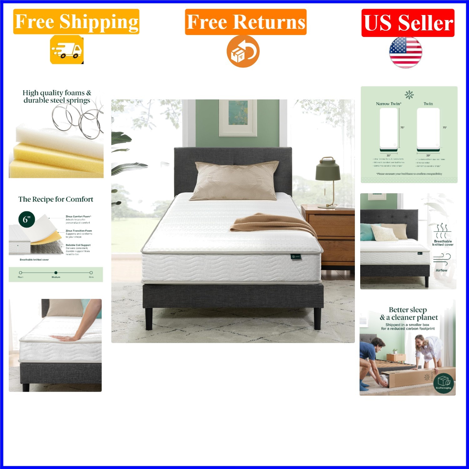 6-Inch Twin Foam & Spring Hybrid Mattress, Medium Firm, White