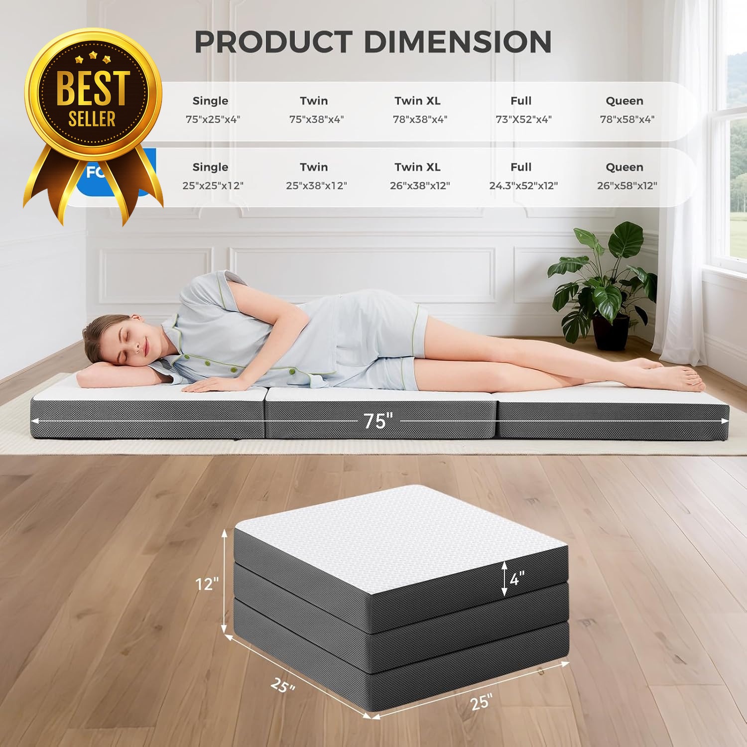 4-Inch Tri-Fold Memory Foam Mattress Foldable Floor Bed w Washable Cover Single