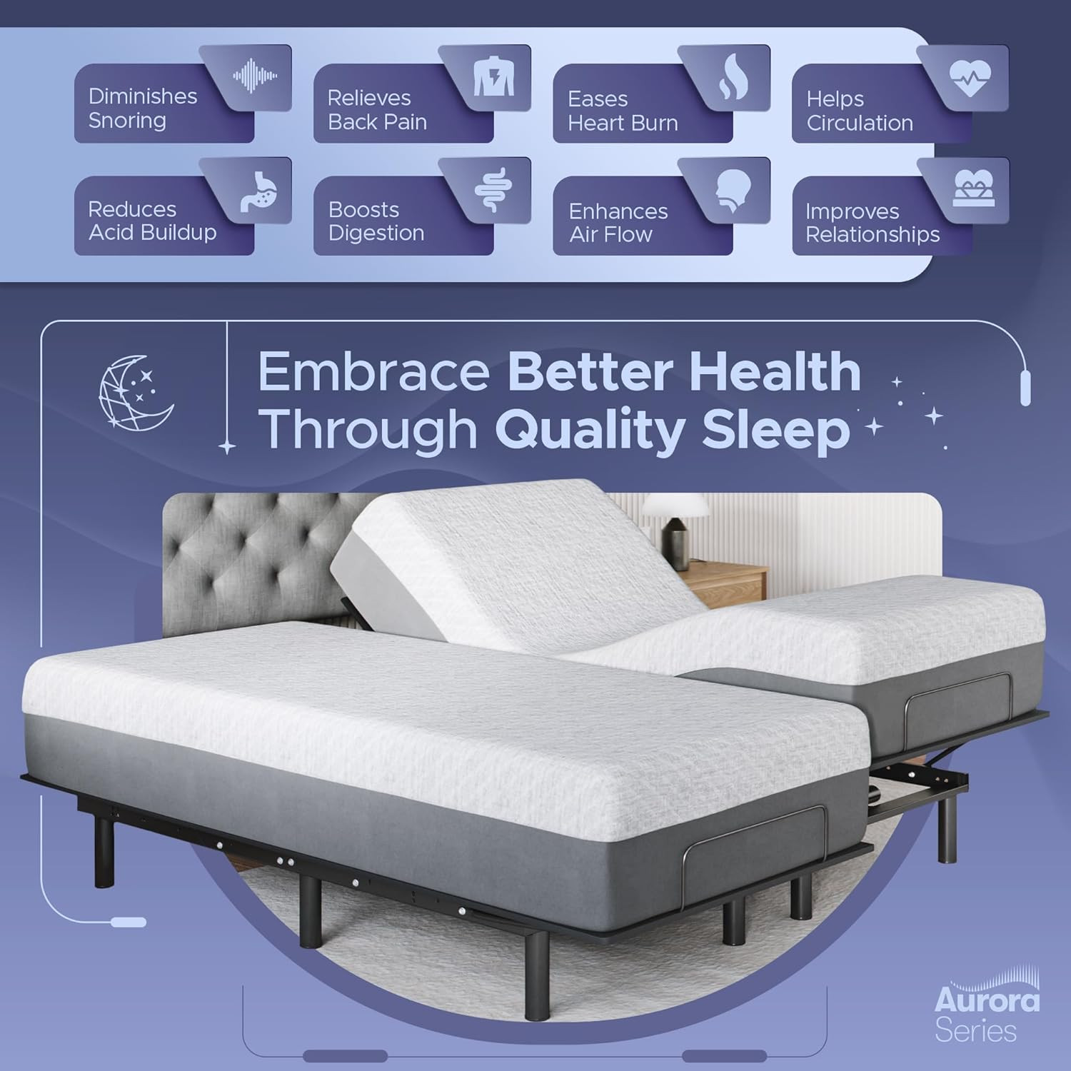 Celestial Aurora Split King Adjustable Bed + 12″ Gel Memory Foam Mattress