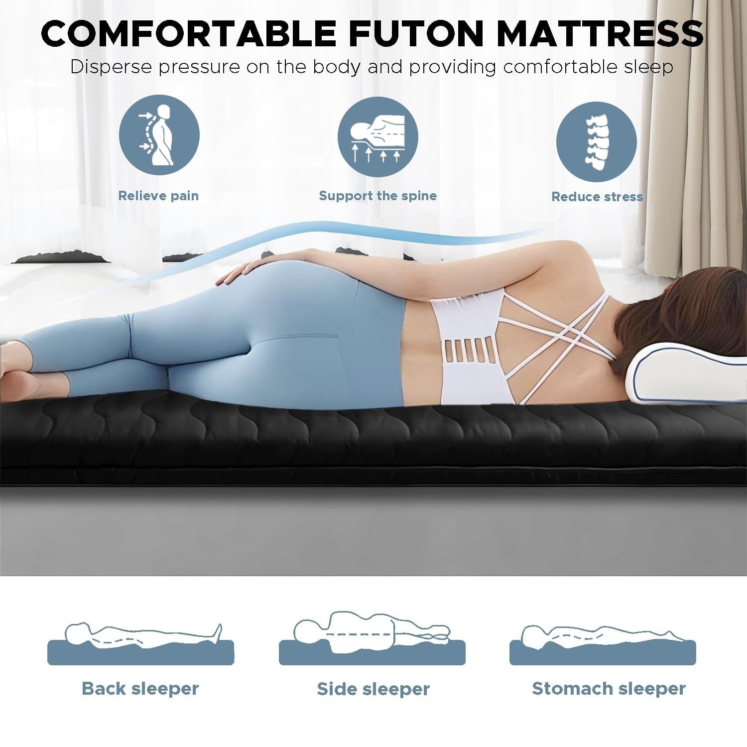 Japanese Floor Mattress Full Black 4 Inch Thick Foam Tatami Sleeping Pad Lounger