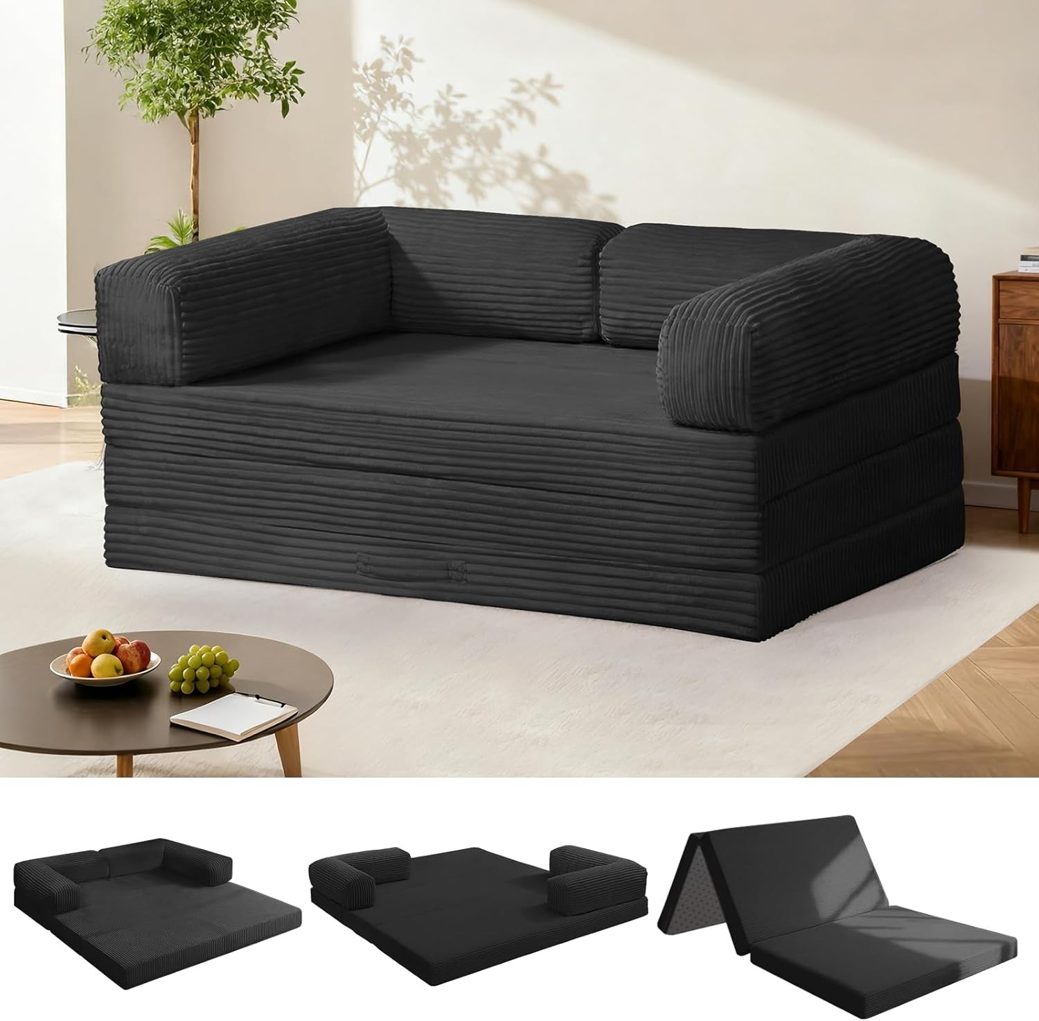 Tri-Fold Foldable Mattress Convertible Folding Sofa Bed W/ Removable Arms &