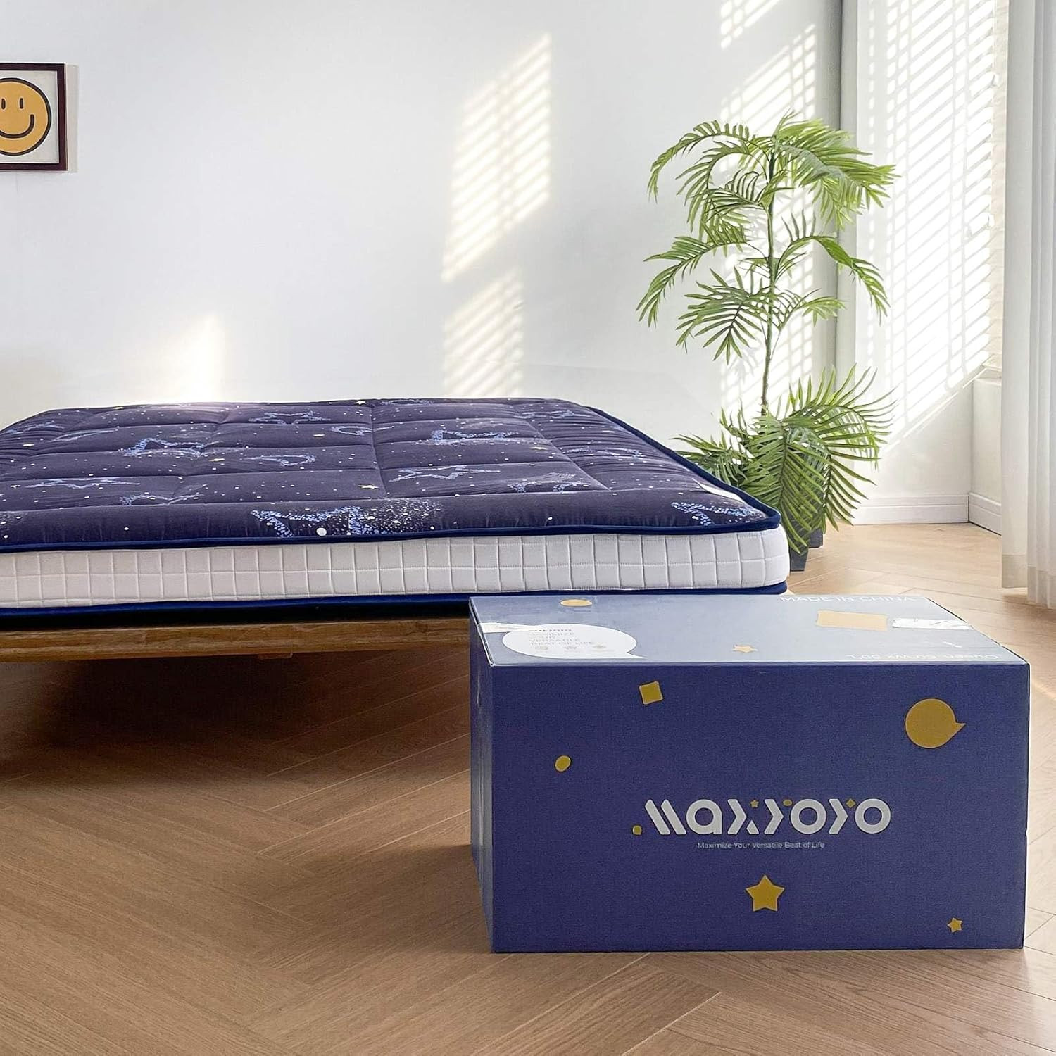 Black Moon and Star Futon Mattress, Japanese Floor Mattress Quilted Bed Mattress