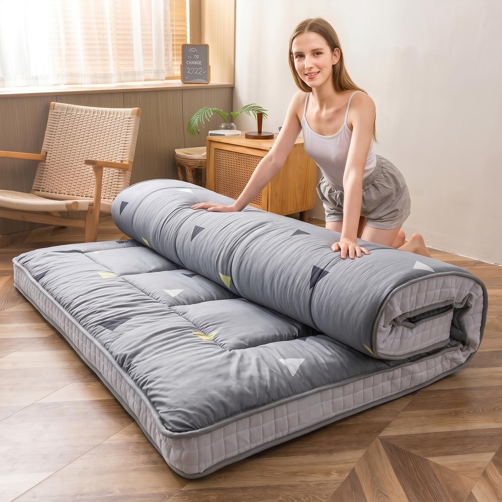 Grey Triangle Futon Mattress, Padded Japanese Floor Mattress Quilted Mattress…