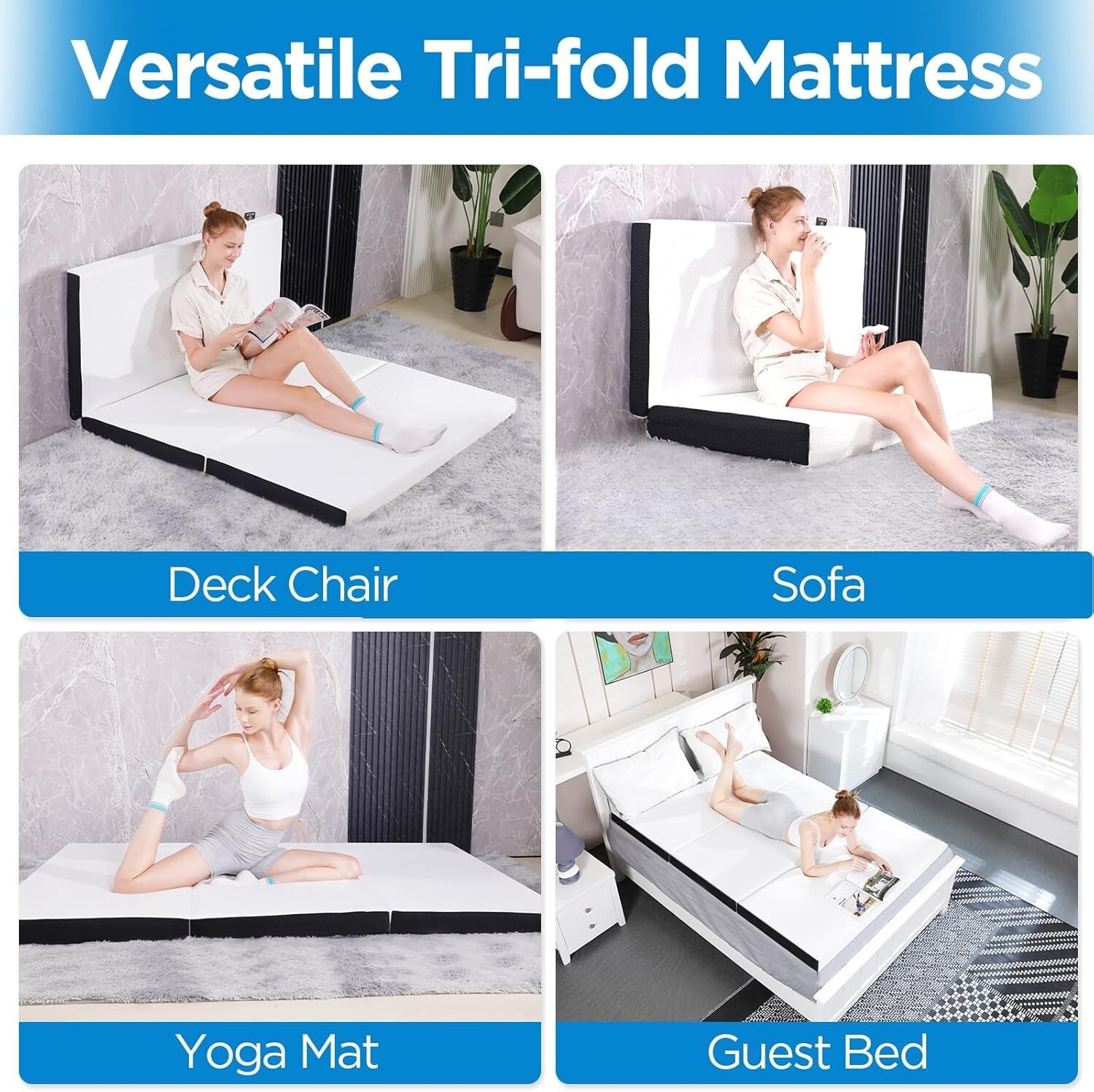 4″ Tri-fold Memory Foam Mattress Foldable Portable Floor Bed Washable Cover Twin