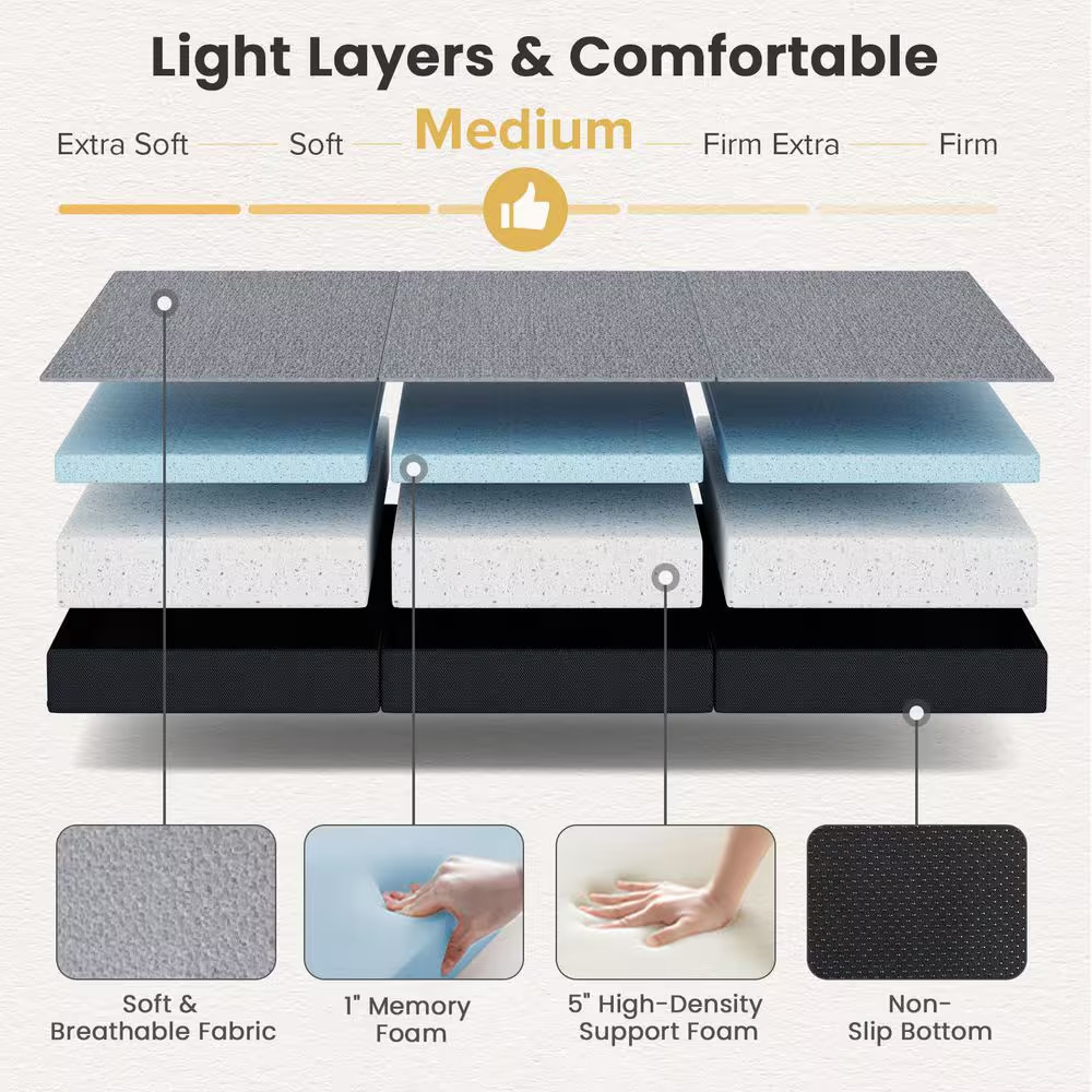 Bedroom Queen Size Medium Memory Foam Mattress, 6 In. Futon Floor Folding Mattre