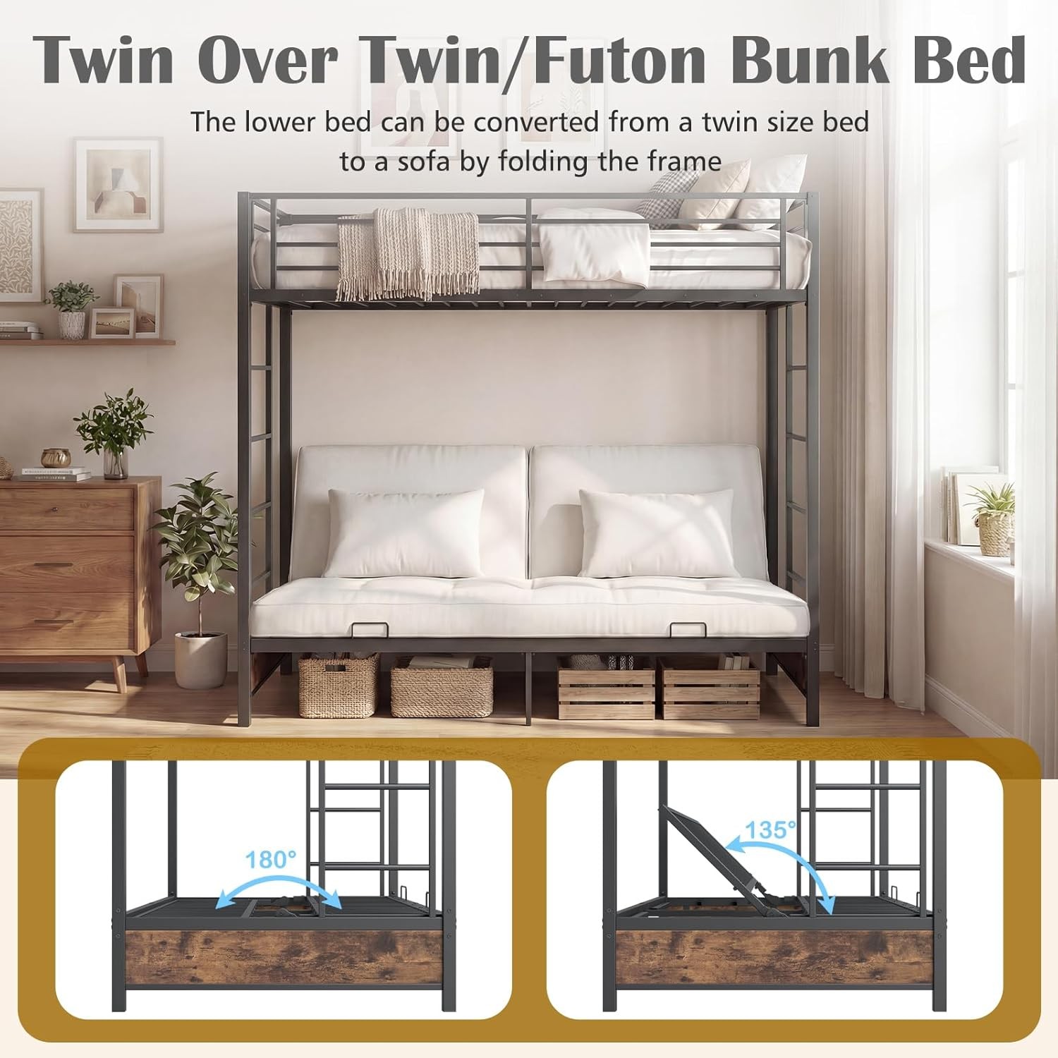 Twin Over Twin Futon Bunk Bed, Convertible Metal Bunk Bed with