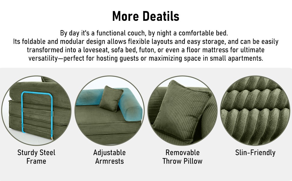 78″ Convertible Sleeper Sofa Bed, Modular Corduroy Couch with 2 Pillows,