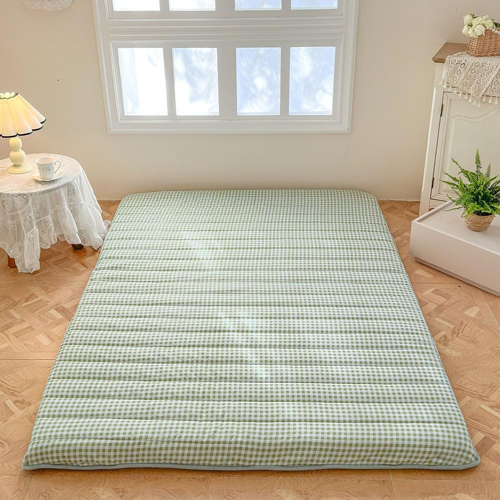 Green Gingham 3.5″ Thick Futon Mattress, Foldable Tatami Pad, Queen Size