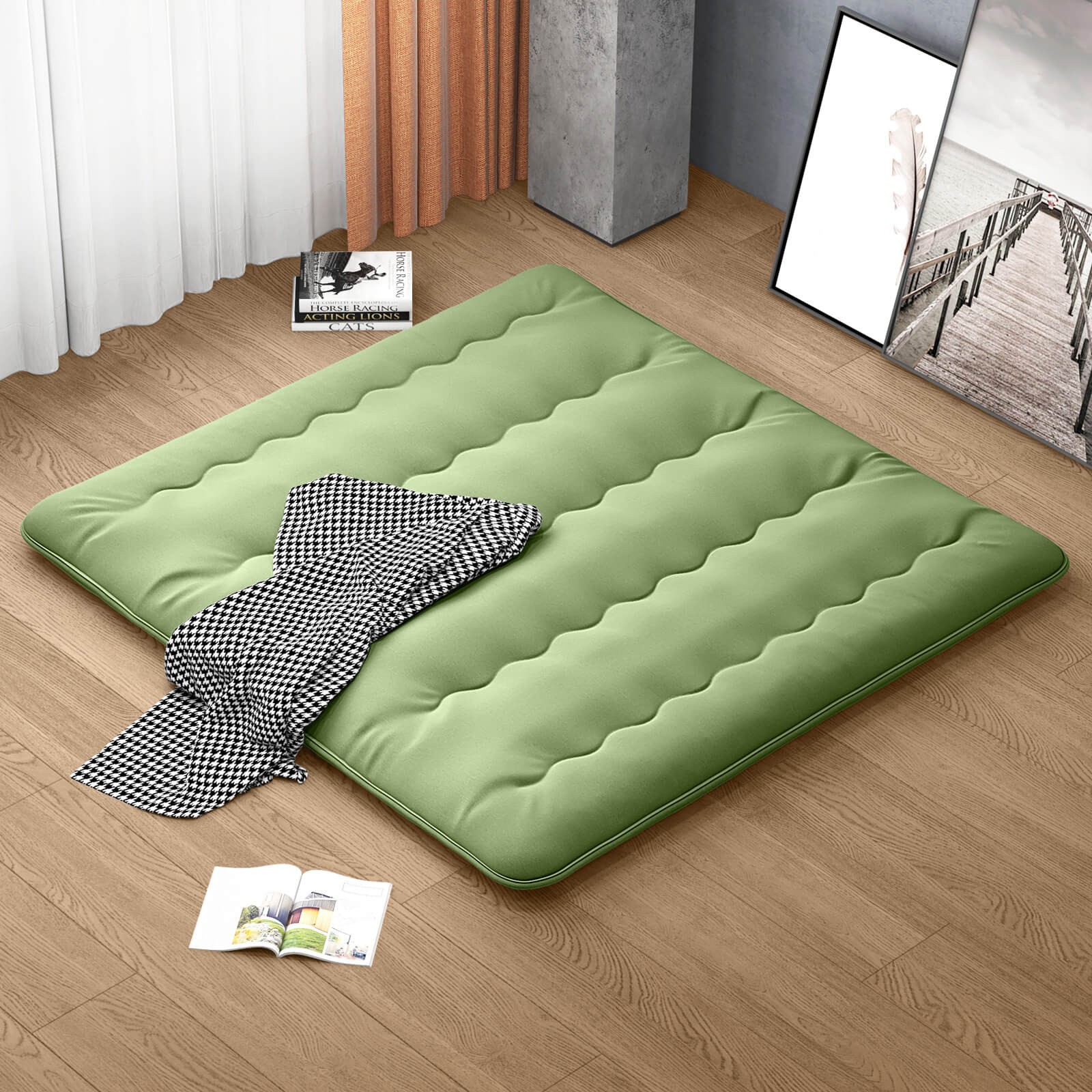 King Futon Mattress Japanese Floor Pad Washable Cover Carry Bag Green