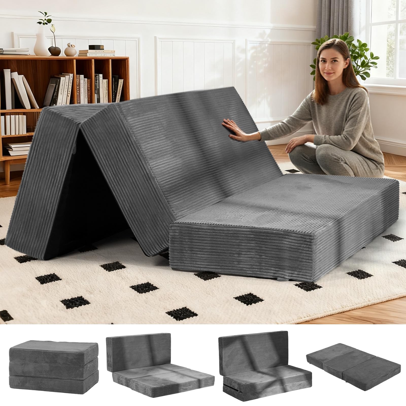 6-Inch Tri-Fold Foldable Mattress, Folding Sofa Bed with Removable Washable C…