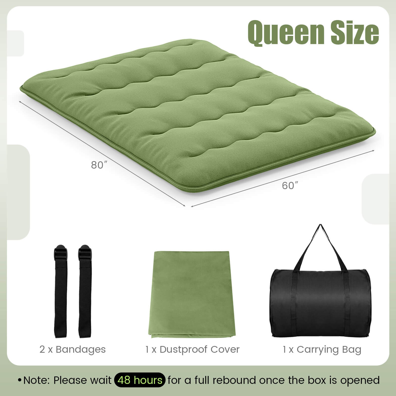 Queen Futon Mattress Japanese Floor Pad Washable Cover Carry Bag Green