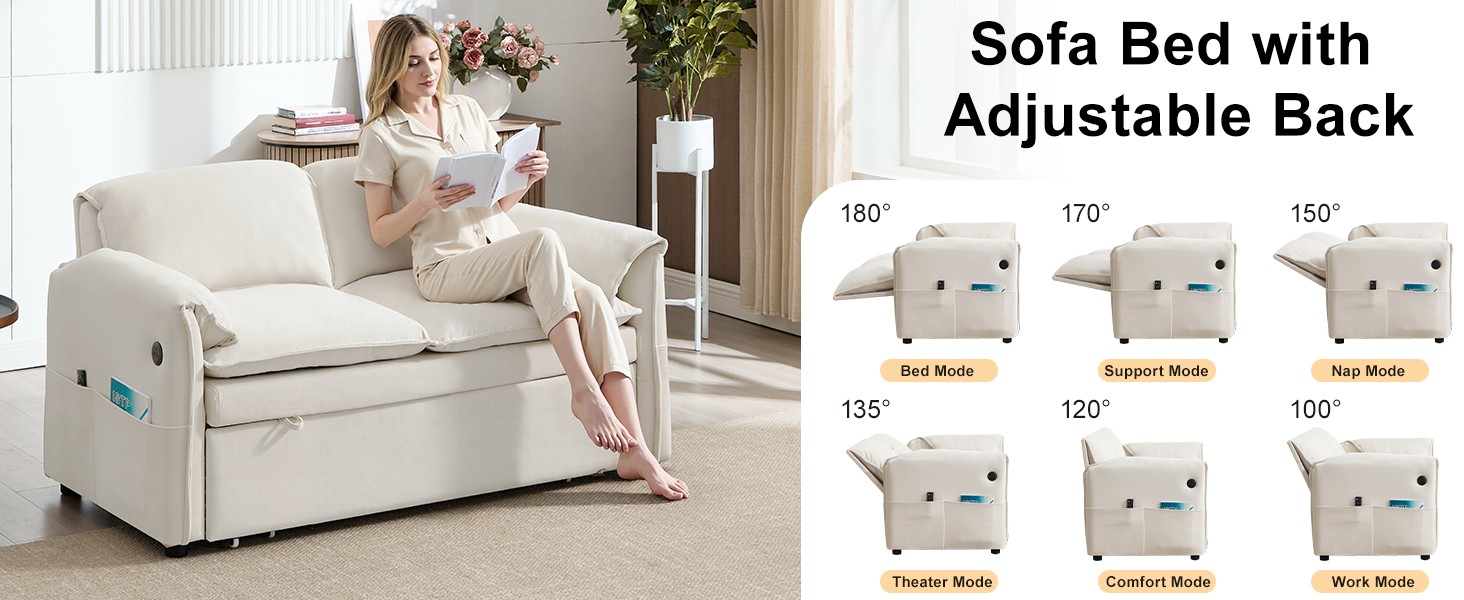 63″ Pull Out Sofa Bed, 3-in-1 Convertible Futon Loveseat Queen Sleeper