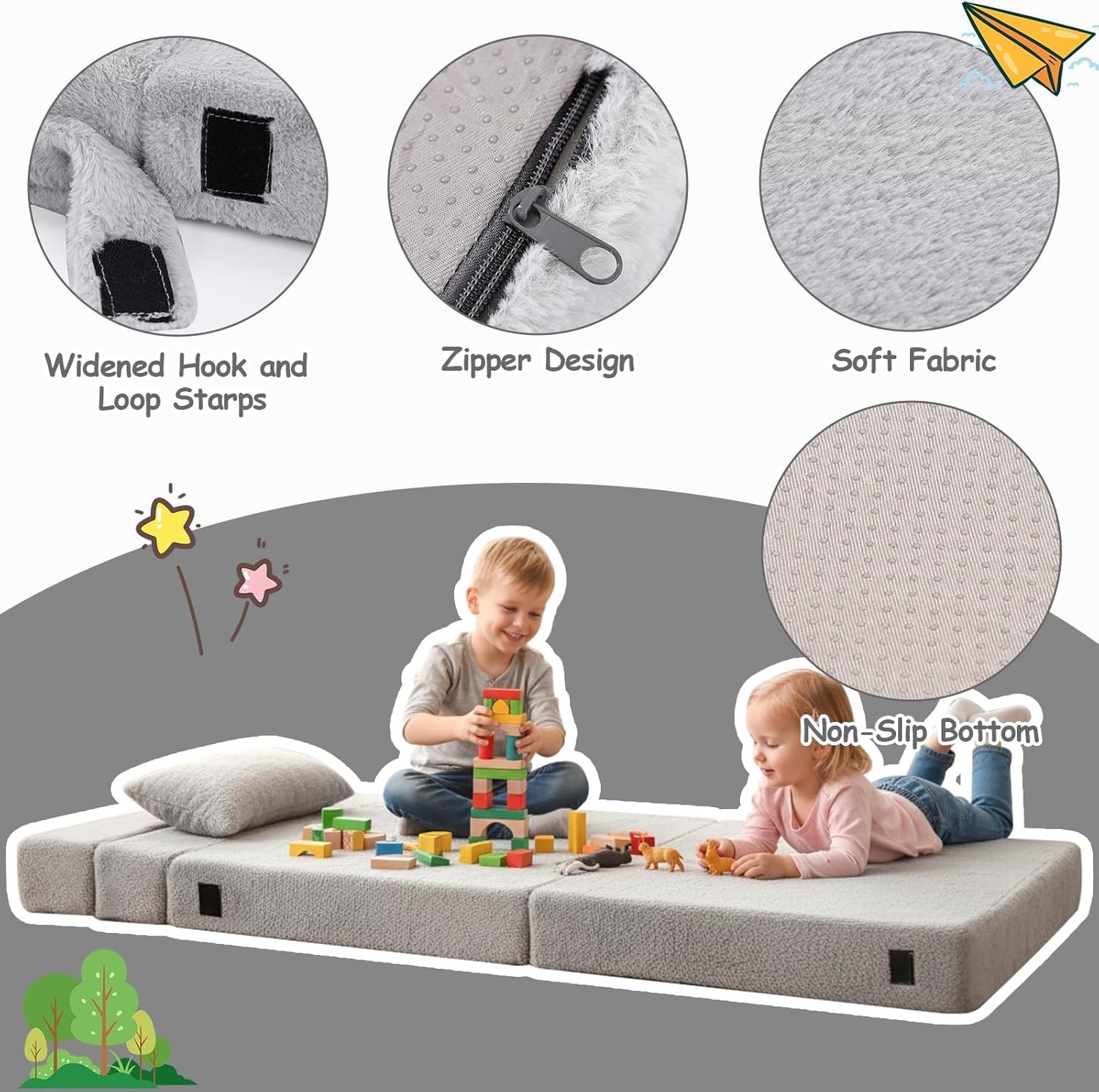 Kids Folding Mattress Kids Floor Couch Sofa with Storage Bag Grey