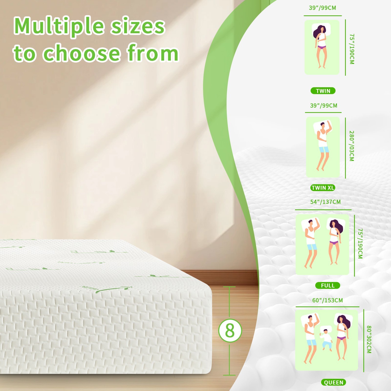 5″ 6″ 8″ Gel Memory Foam Mattress with Breathable Bamboo Fabric Removable Cover