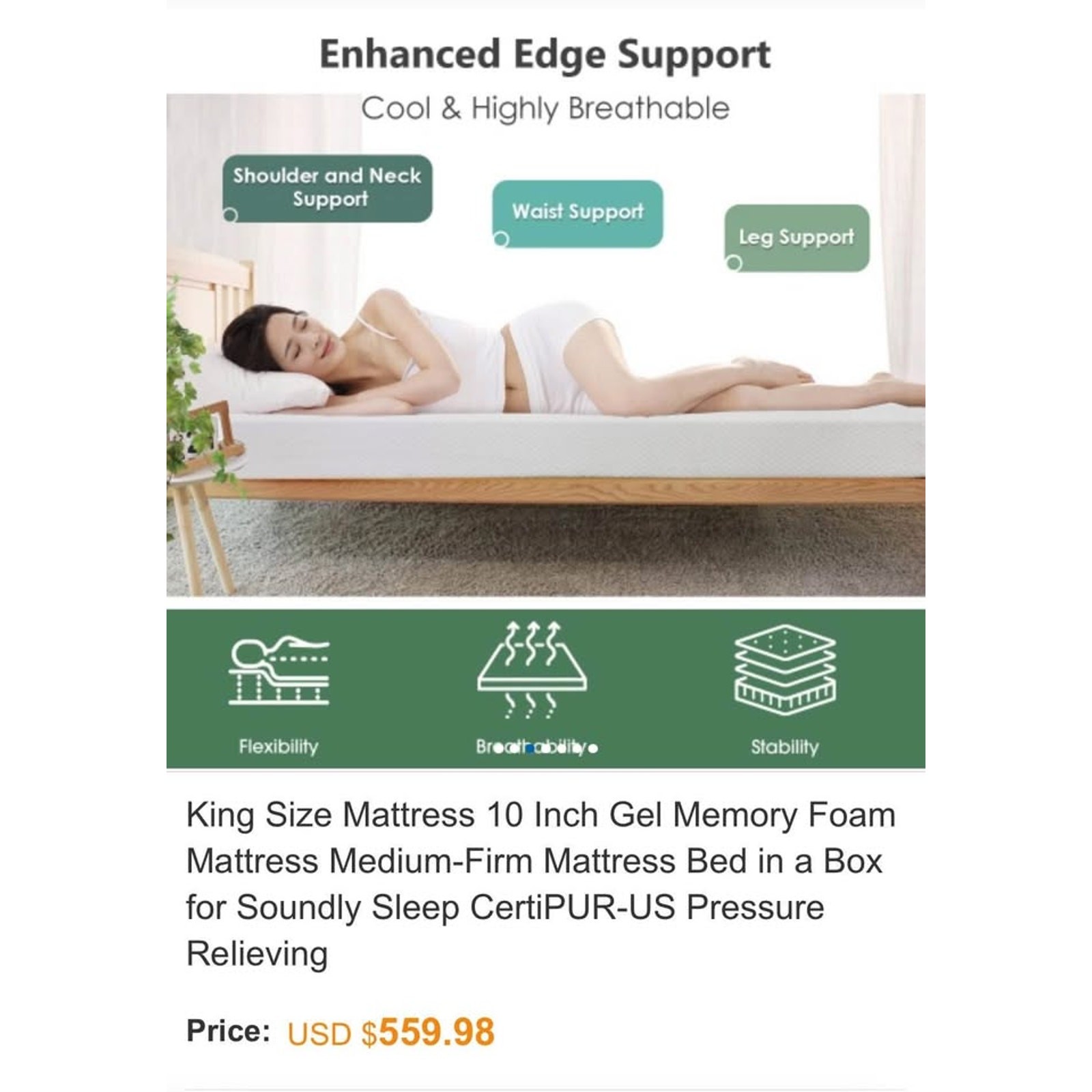 King Size Mattress 10 Inch Gel Memory Foam Mattress Medium-Firm Mattress