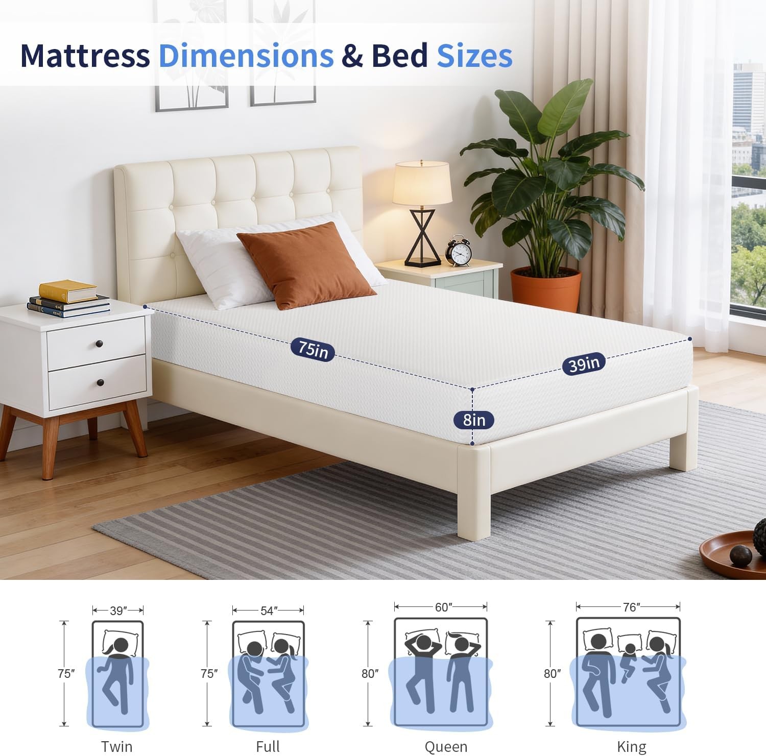 | 8 Inch Twin Mattress | Medium Firm | Gel Memory Foam Mattress | White | Bed in
