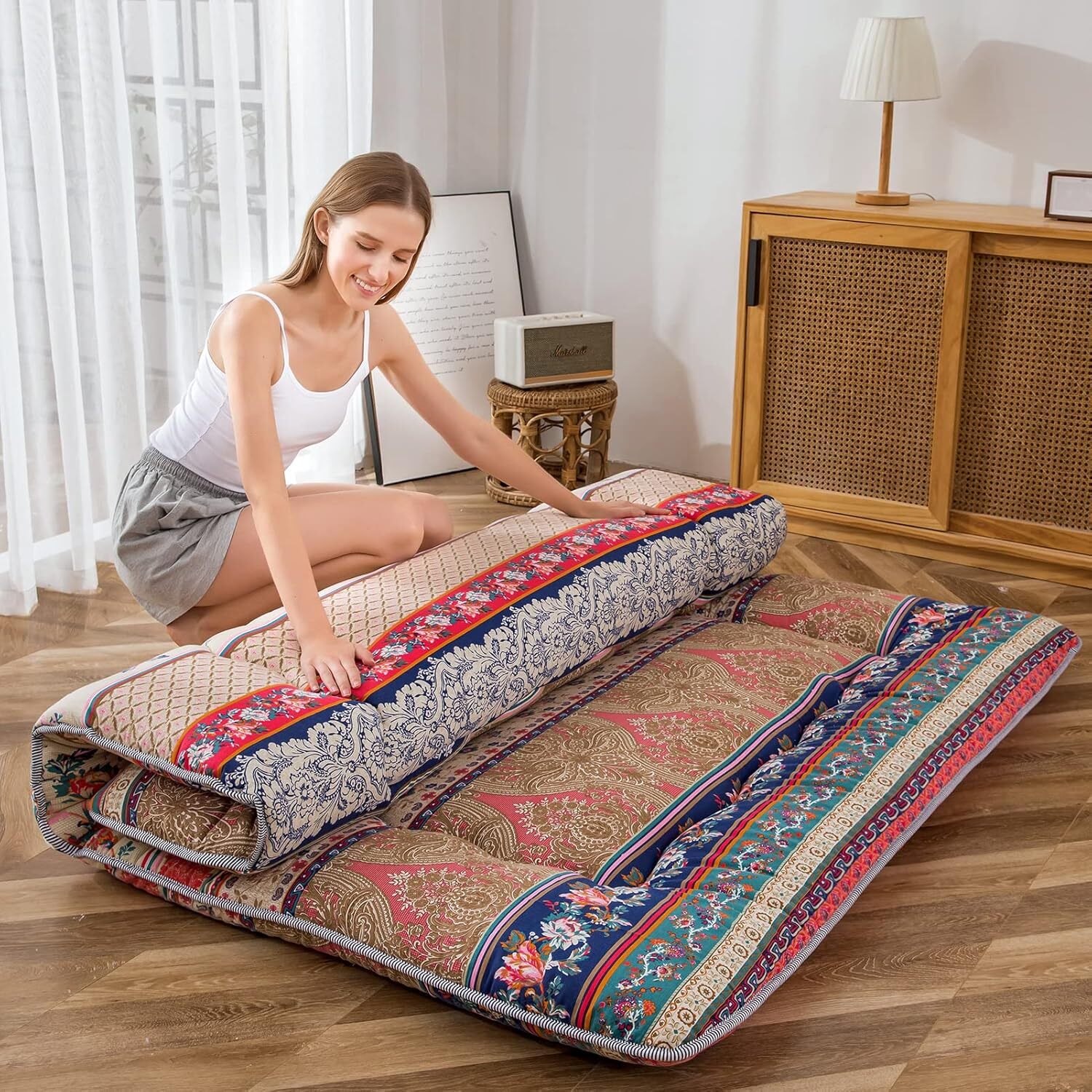 MAXYOYO Bohemian Retro Floor Mattress Vintage Floral Japanese Futon Mattress Rol