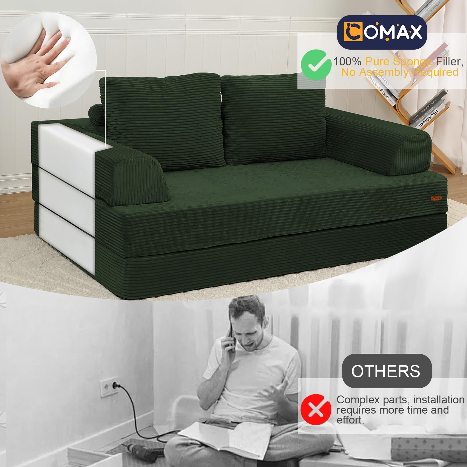 COMAX Futon Sofa Bed, Convertible Folding Sofa, Classic Green