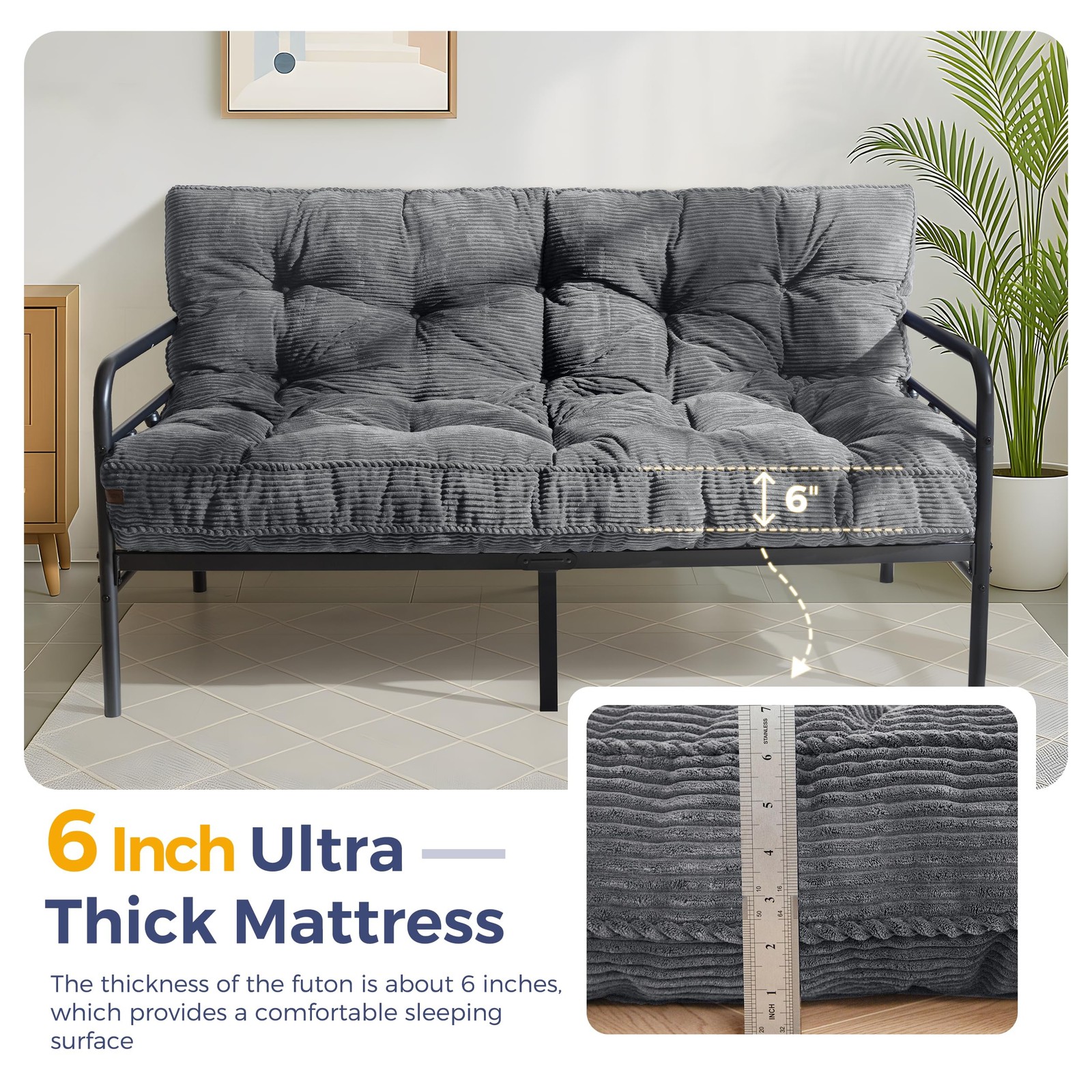 6″ Futon Mattress Full Size, Tufted Futons Sofa Couch Bed with Twisted Rope D…