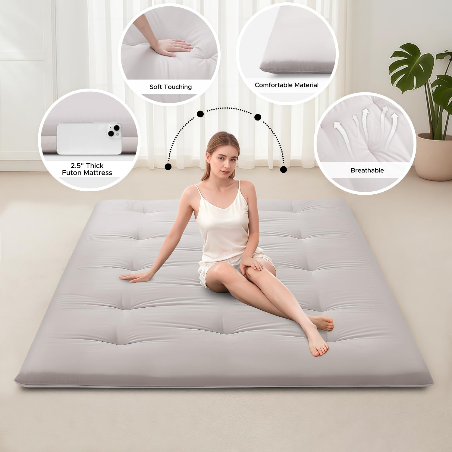 Japanese Floor Mattress, 100% Cotton 2.5 Thicken Foldable Futon Mattress Tatami
