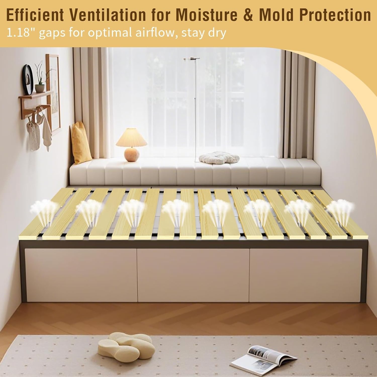 Japanese Tati Mat Floor Bed, Knotl Solid Wood, Roll-Up Slatted, Bed