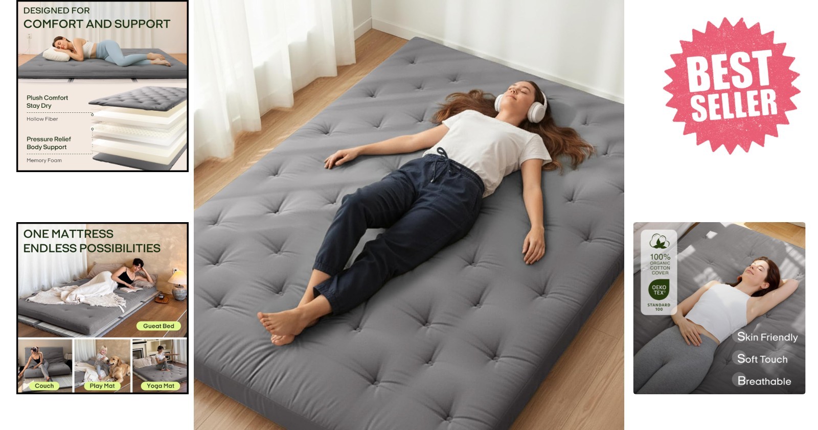 Multi-Functional 100% Cotton Queen Futon Mattress – 80″x60″ Foldable Design