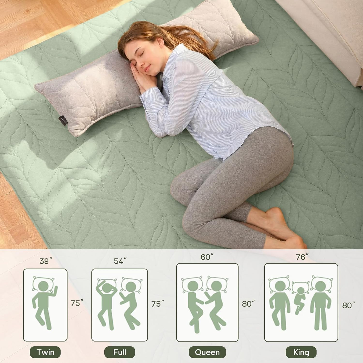 King Size Japanese Futon Mattress, 4″ Thick, Portable & Washable, Green