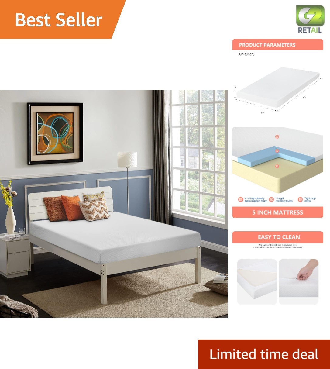 Medium Firm Twin Mattress – 5-Inch Cooling Gel Foam, Removable Cover, Low Hassle