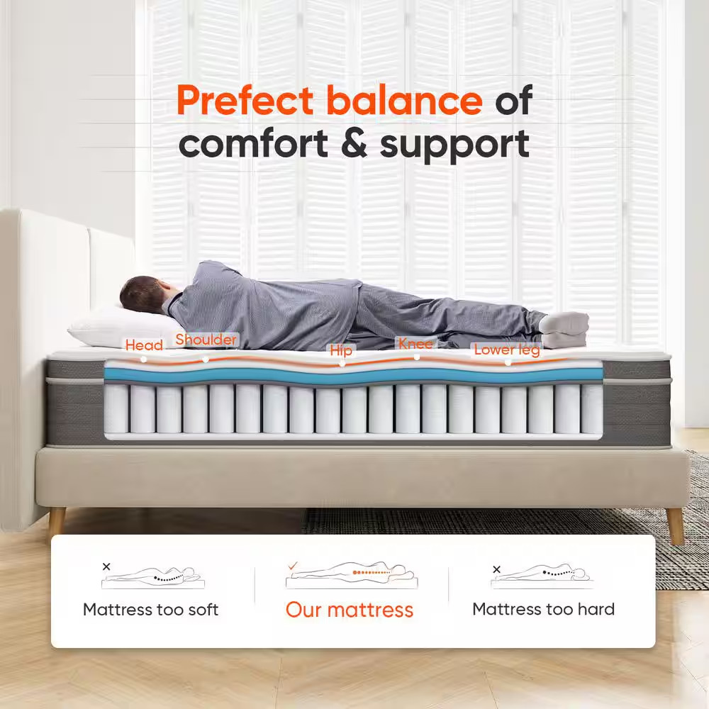 Cooling Queen Size Medium Hybrid Pillow Top Mattress, 12 In. Support and Breatha