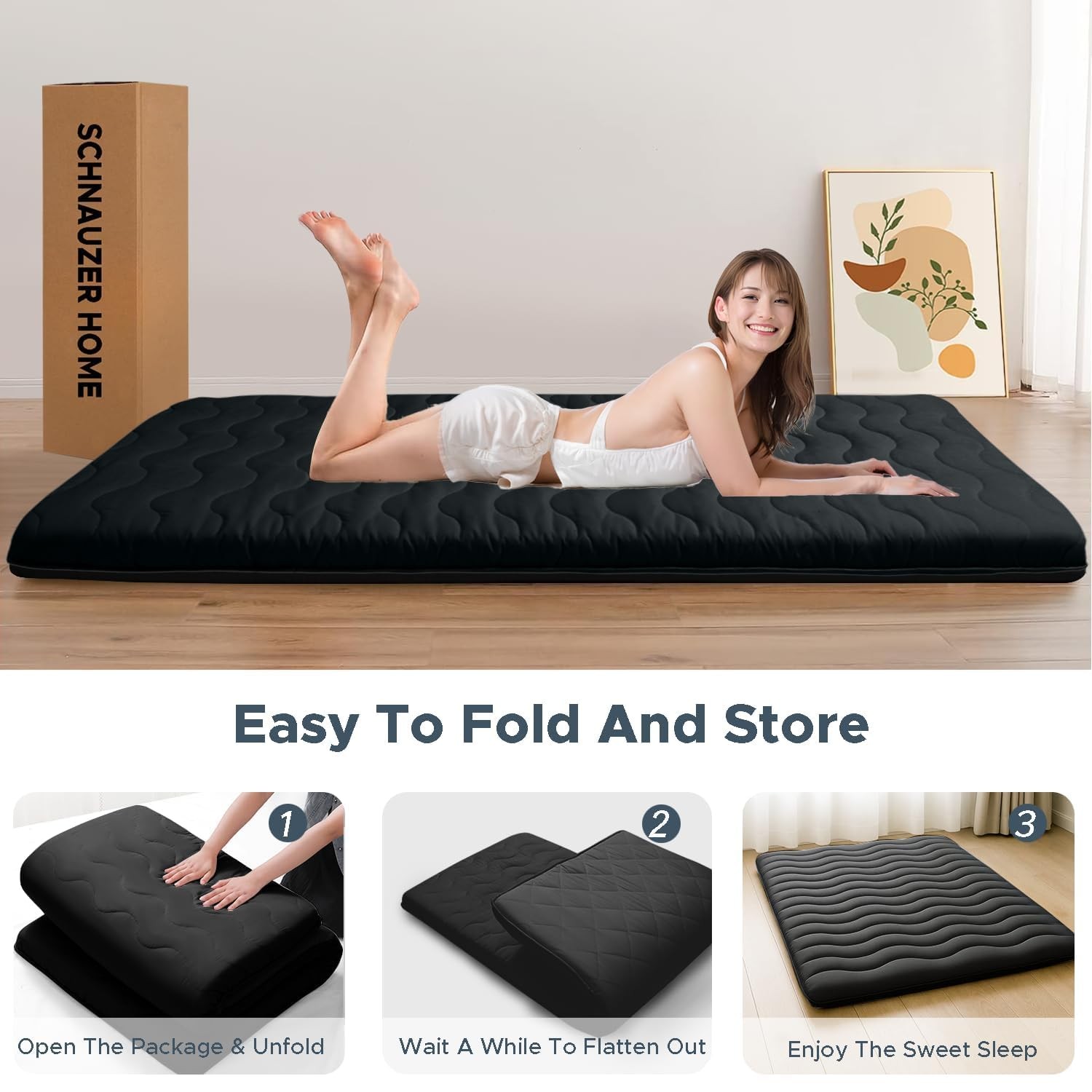 Japanese Floor Mattress Full Black 4 Inch Thick Foam Tatami Sleeping Pad Lounger