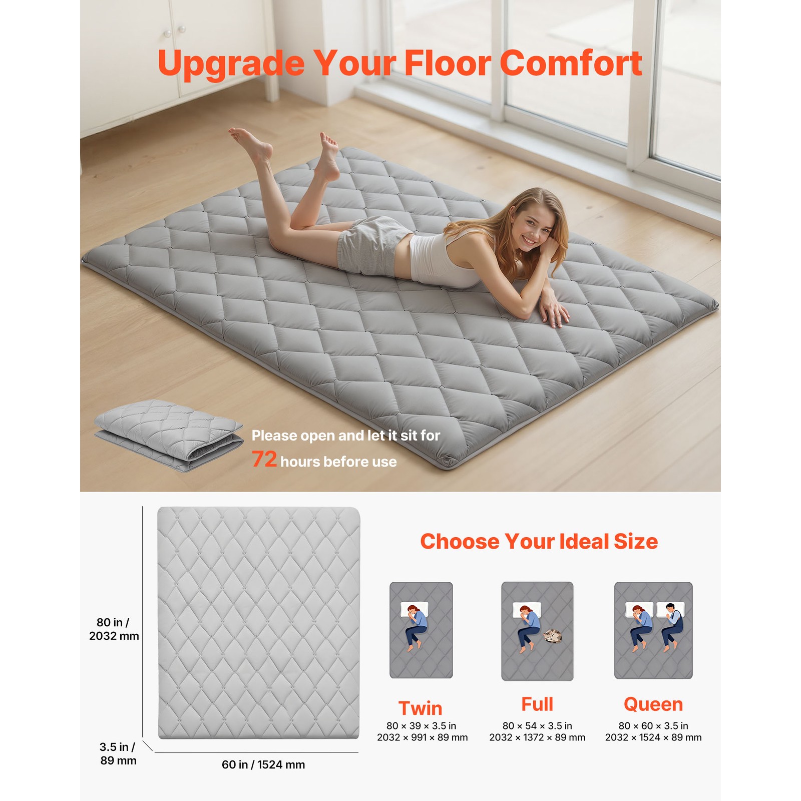 Uimoso Japanese Tatami Mattress Queen Foldable Futon Mat with Storage Bag Gray