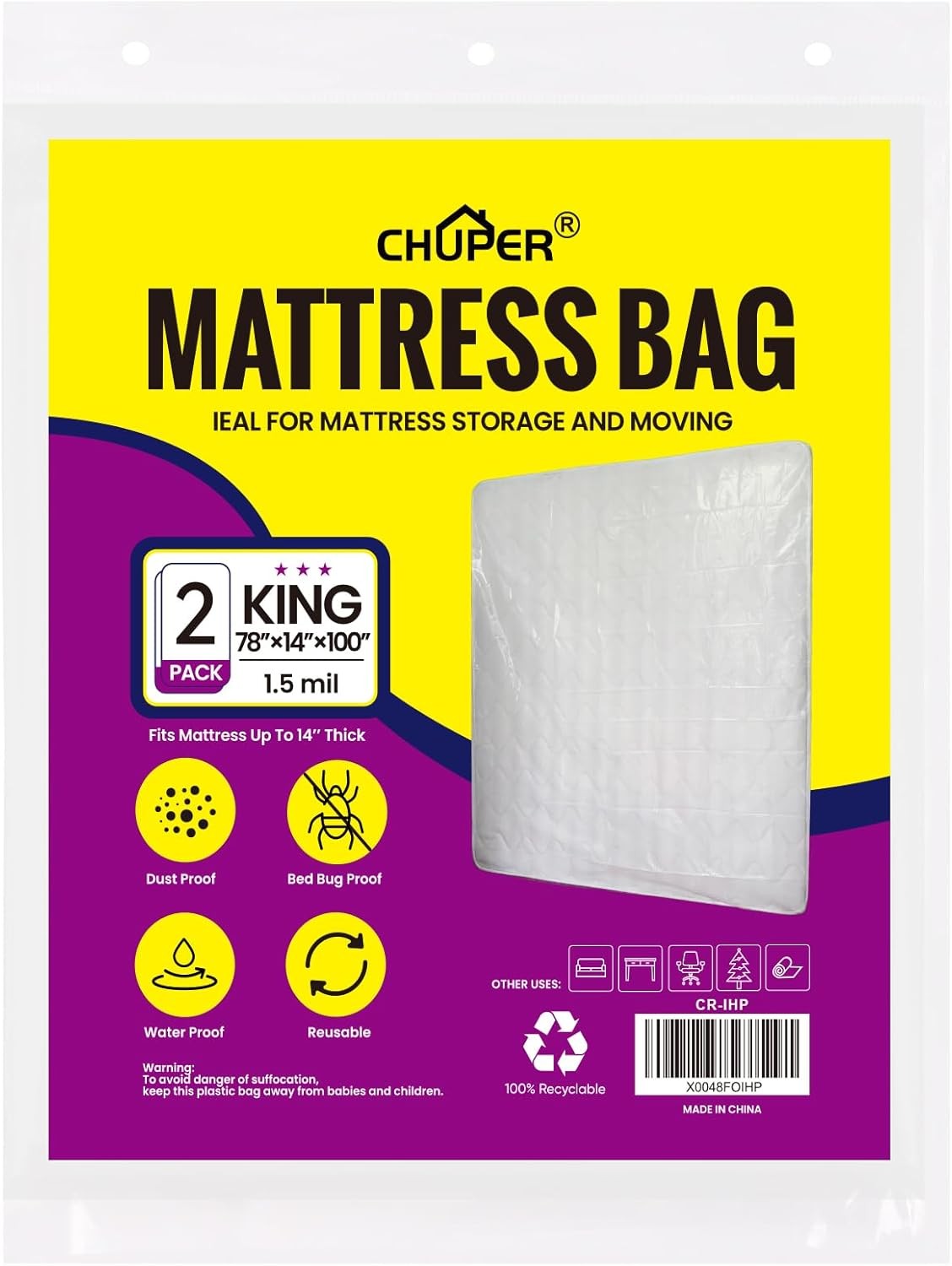 Mattress Moving & Storage Bag 100×60, Waterproof Dustproof Heavy Duty