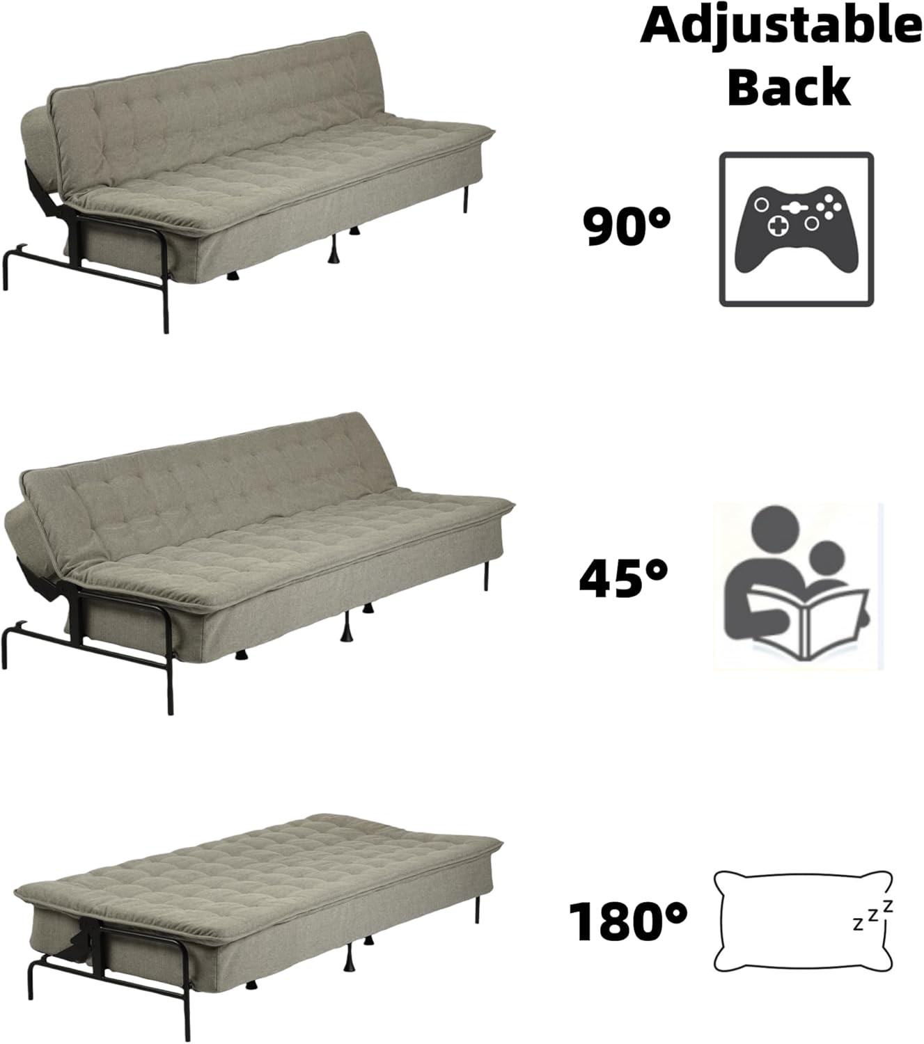 Modern Grey Futon Sofa Bed, 3-Posit Adjustable Barest,